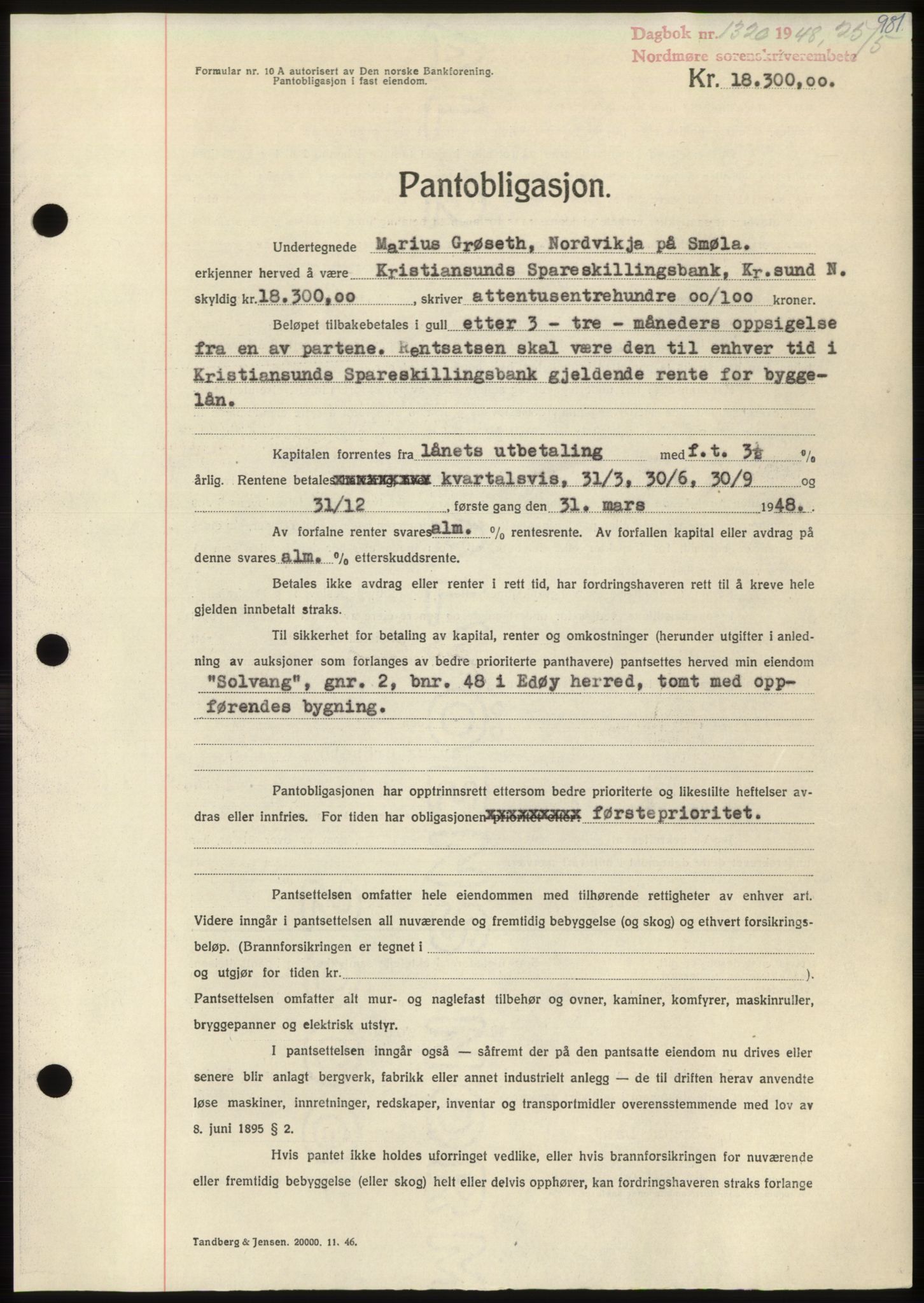 Nordmøre sorenskriveri, AV/SAT-A-4132/1/2/2Ca: Mortgage book no. B98, 1948-1948, Diary no: : 1320/1948