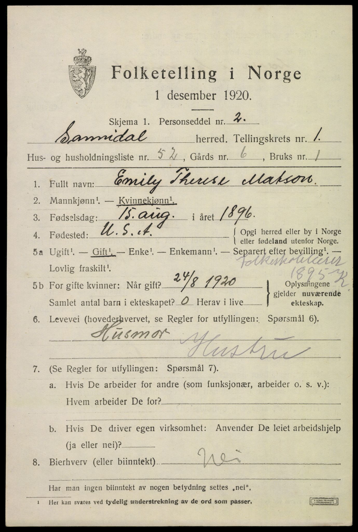 SAKO, 1920 census for Sannidal, 1920, p. 1639