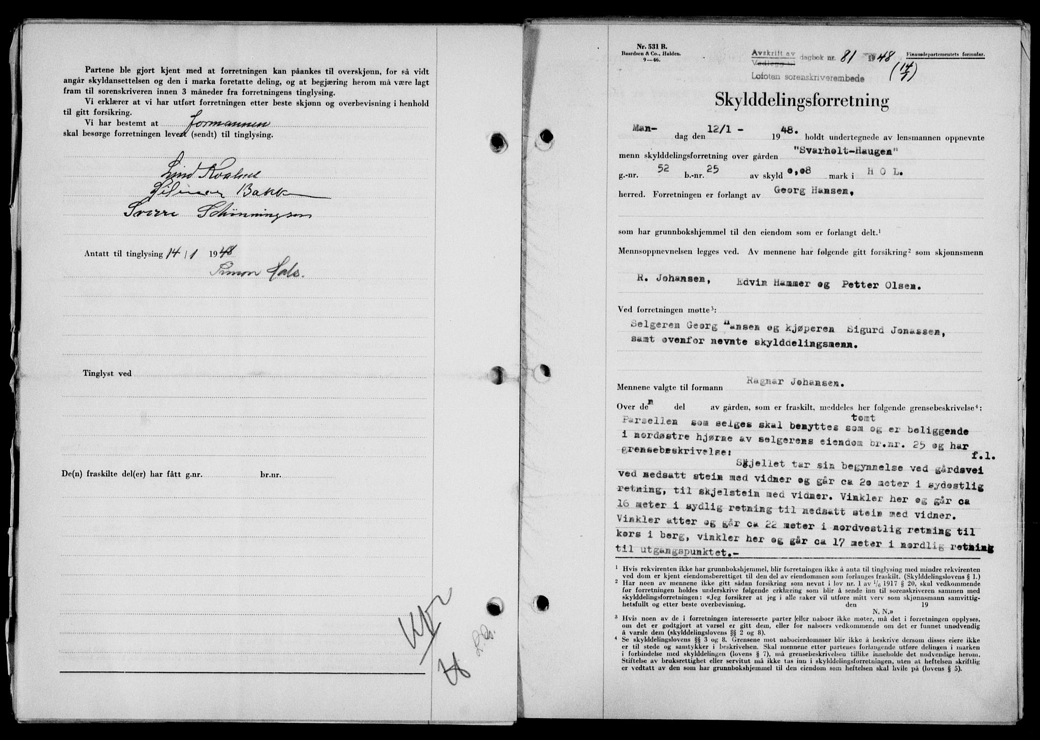 Lofoten sorenskriveri, SAT/A-0017/1/2/2C/L0017a: Mortgage book no. 17a, 1947-1948, Diary no: : 81/1948
