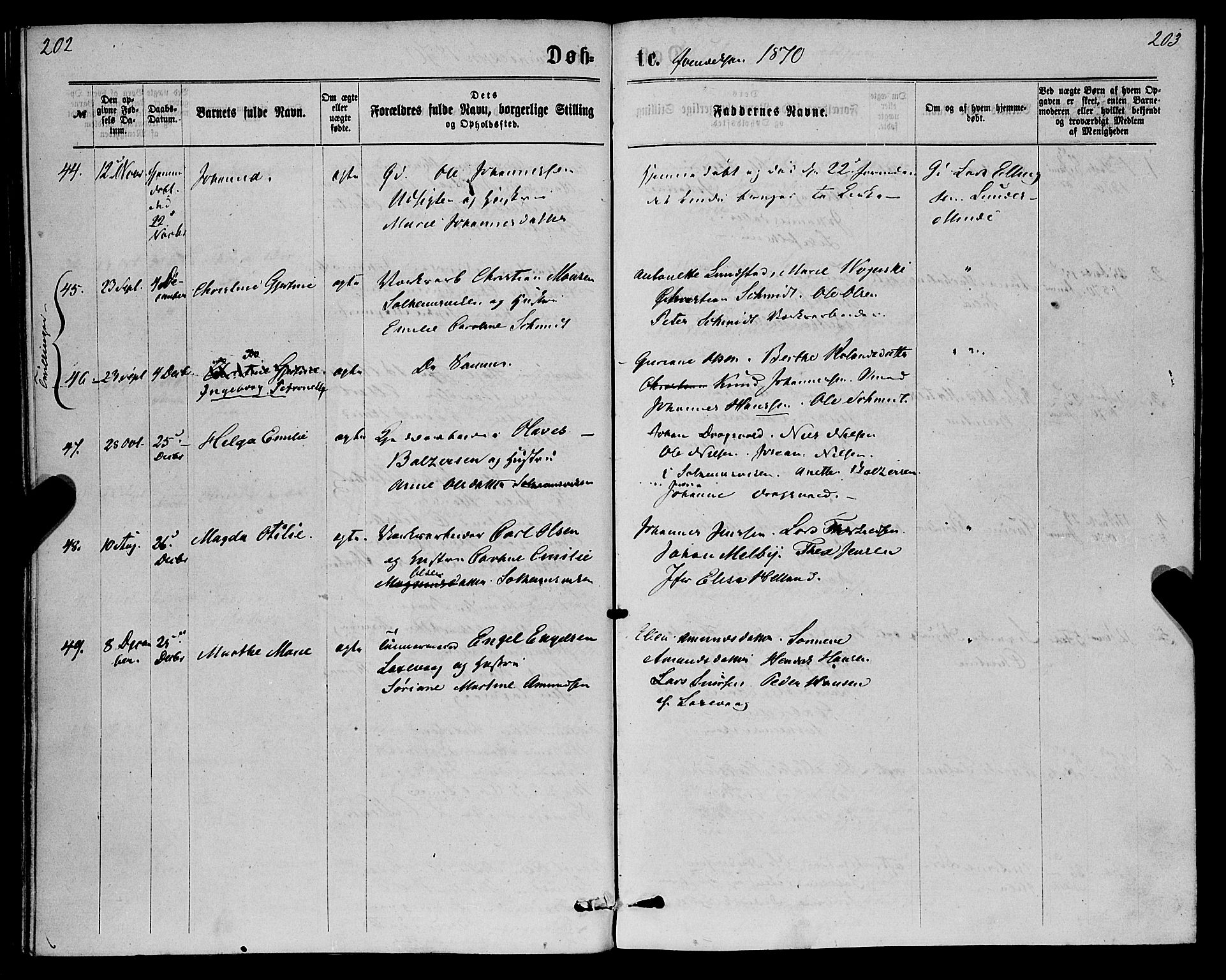 St. Jørgens hospital og Årstad sokneprestembete, AV/SAB-A-99934: Parish register (official) no. A 6, 1870-1878, p. 202-203