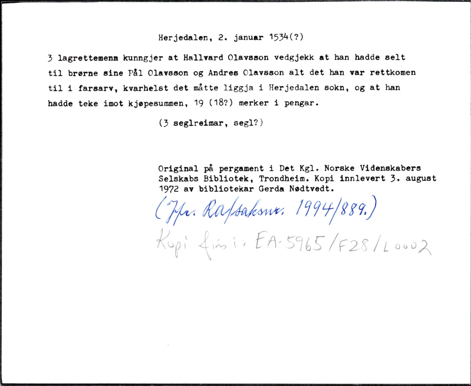 Riksarkivets diplomsamling, AV/RA-EA-5965/F35/F35d/L0001: Innlånte diplomer, seddelregister, 1316-1591, p. 273