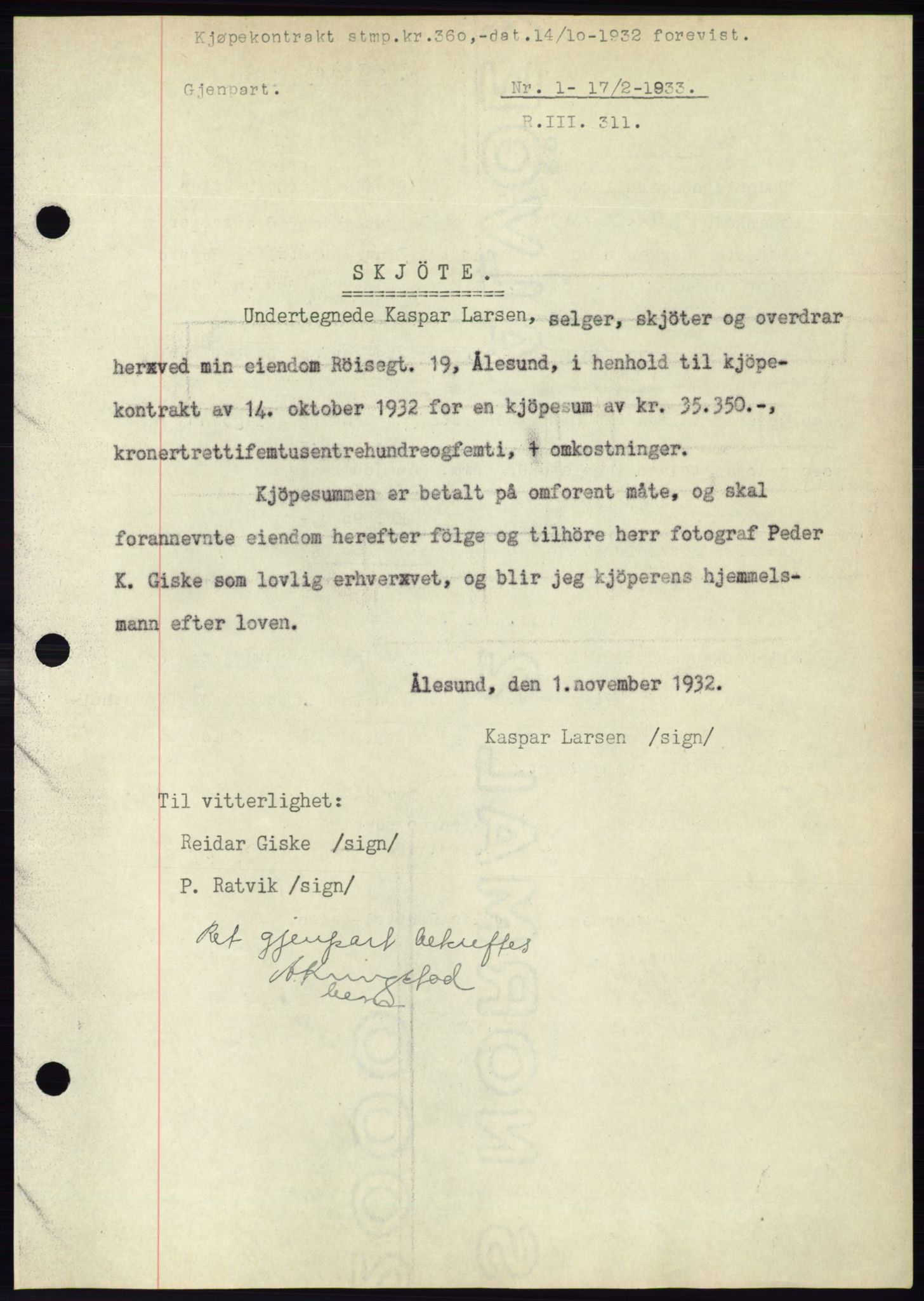 Ålesund byfogd, AV/SAT-A-4384: Mortgage book no. 30, 1932-1933, Deed date: 17.02.1933