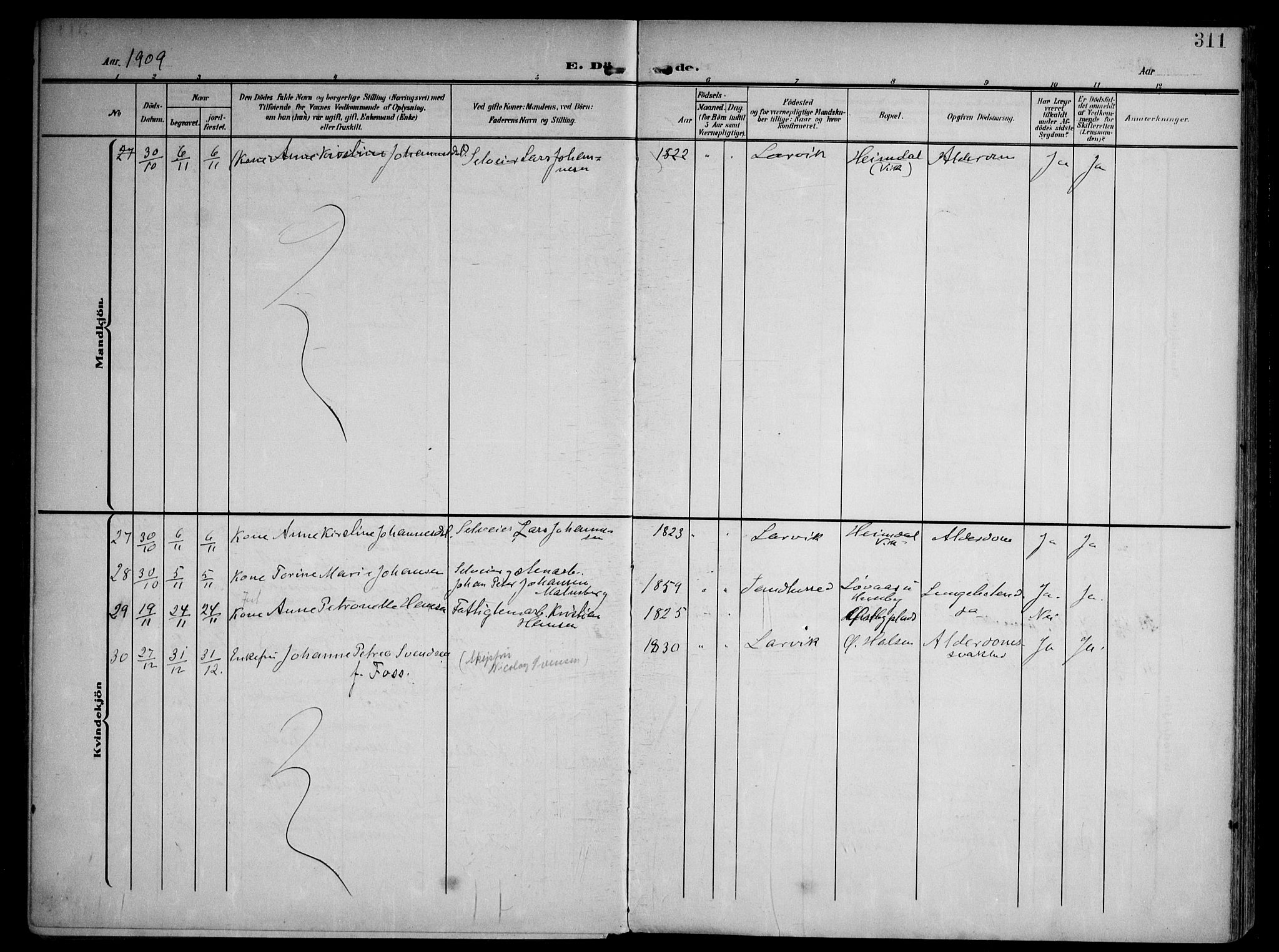 Tjølling kirkebøker, AV/SAKO-A-60/F/Fa/L0010: Parish register (official) no. 10, 1906-1923, p. 311