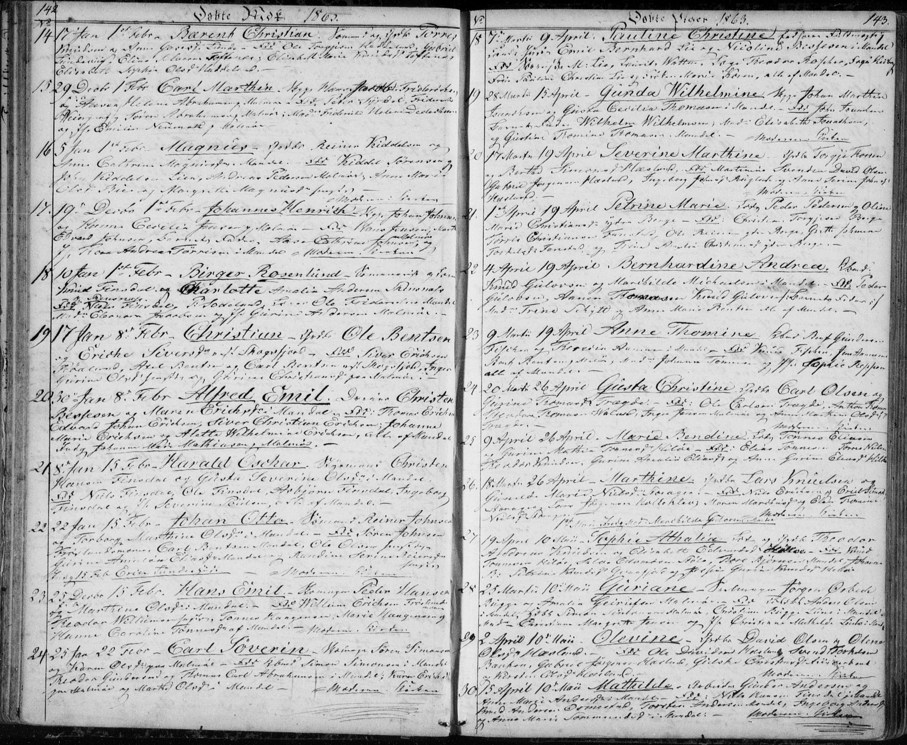 Mandal sokneprestkontor, AV/SAK-1111-0030/F/Fb/Fba/L0008: Parish register (copy) no. B 2, 1854-1868, p. 142-143