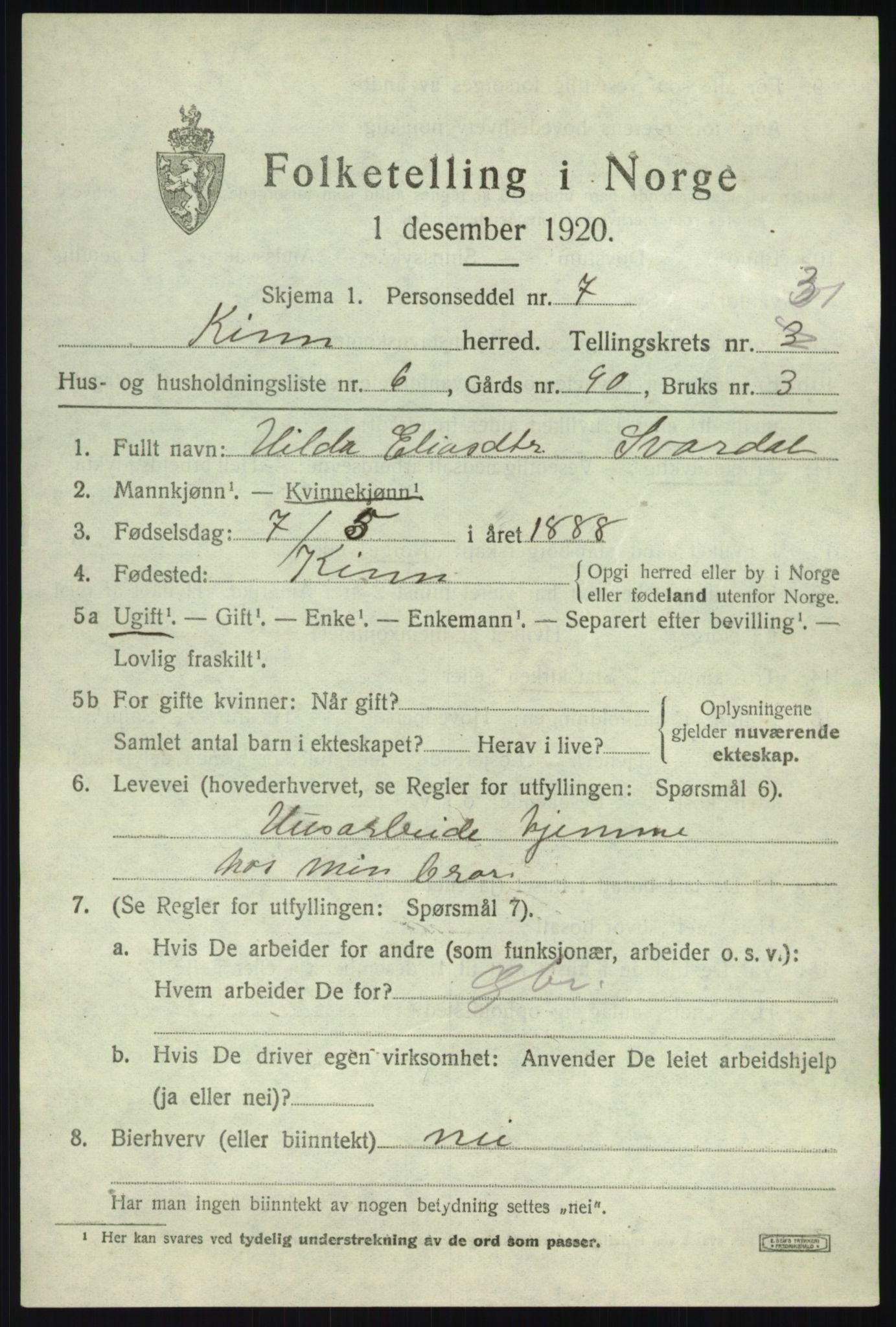 SAB, 1920 census for Kinn, 1920, p. 10719