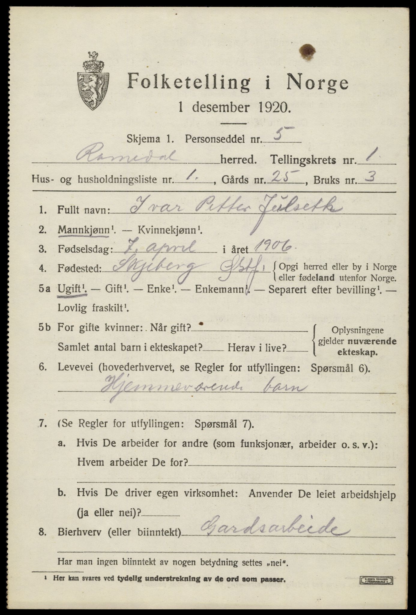 SAH, 1920 census for Romedal, 1920, p. 1947