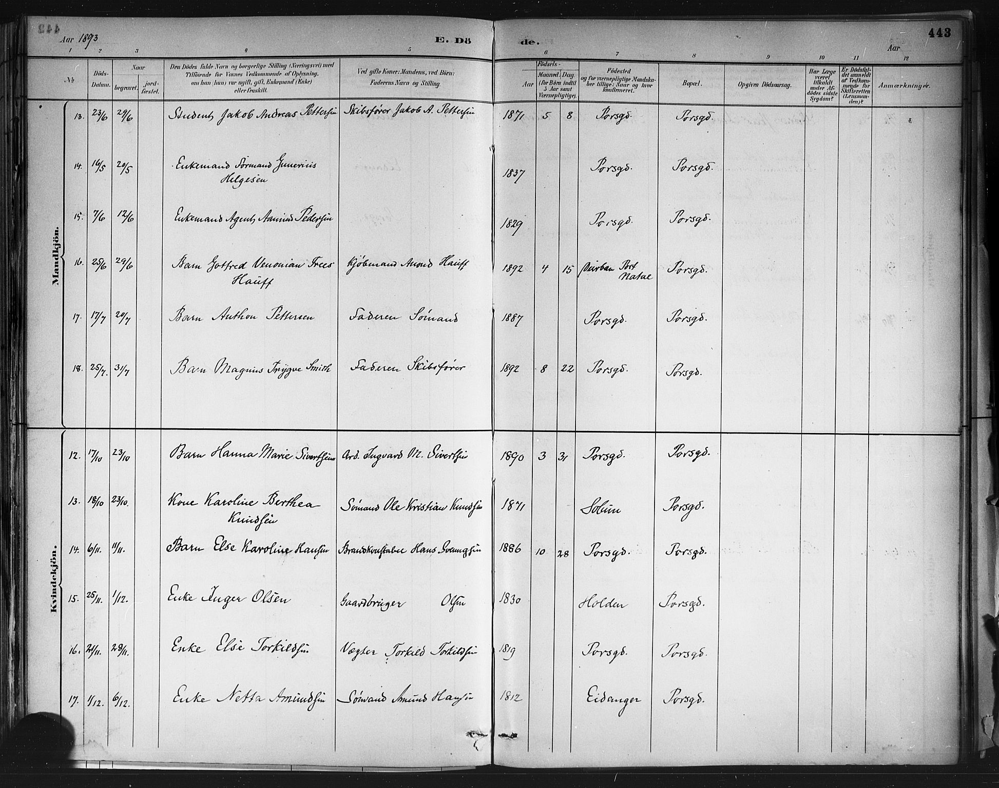 Porsgrunn kirkebøker , AV/SAKO-A-104/G/Gb/L0005: Parish register (copy) no. II 5, 1883-1915, p. 443