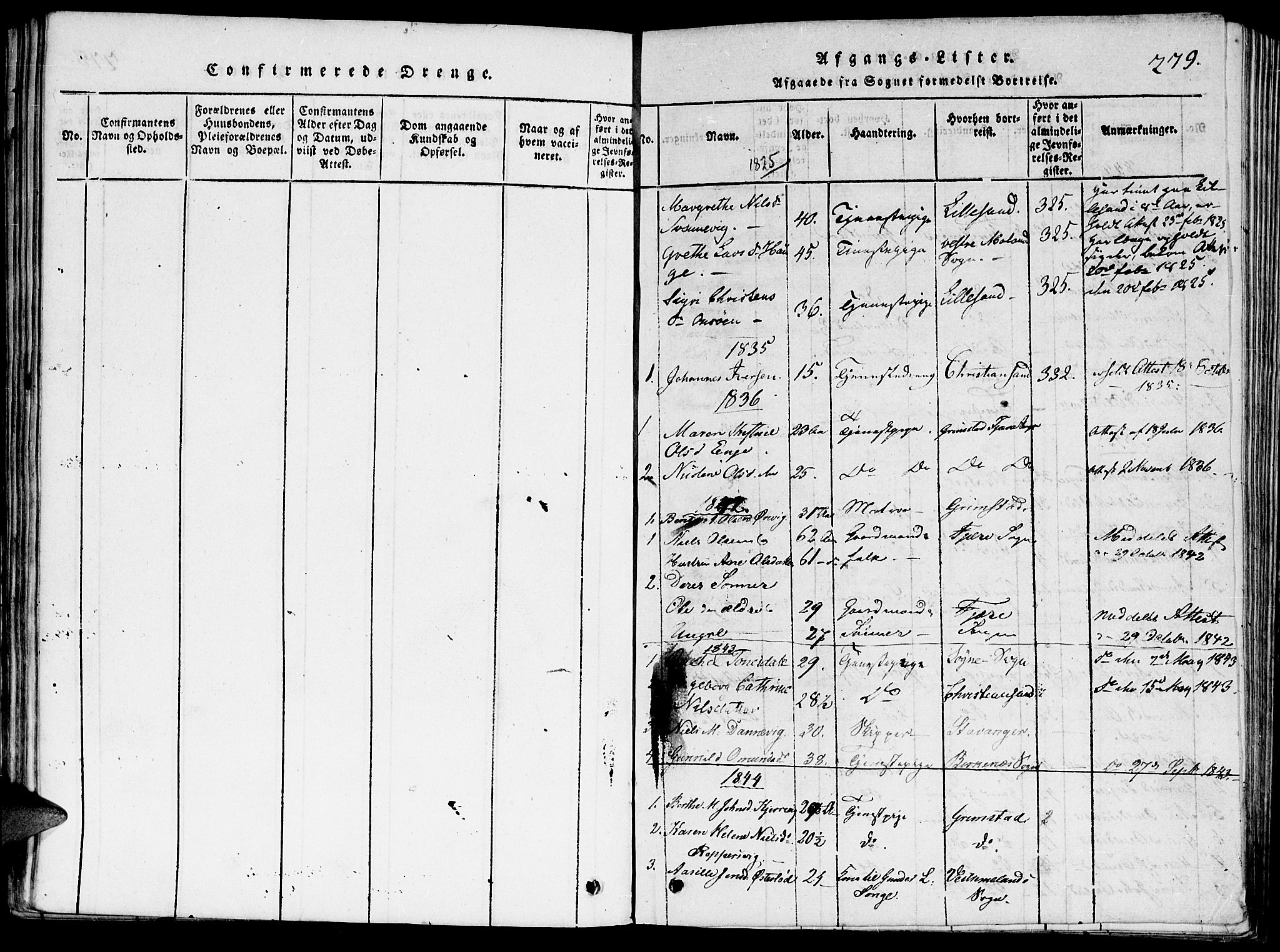Hommedal sokneprestkontor, SAK/1111-0023/F/Fa/Faa/L0001: Parish register (official) no. A 1, 1816-1860, p. 279