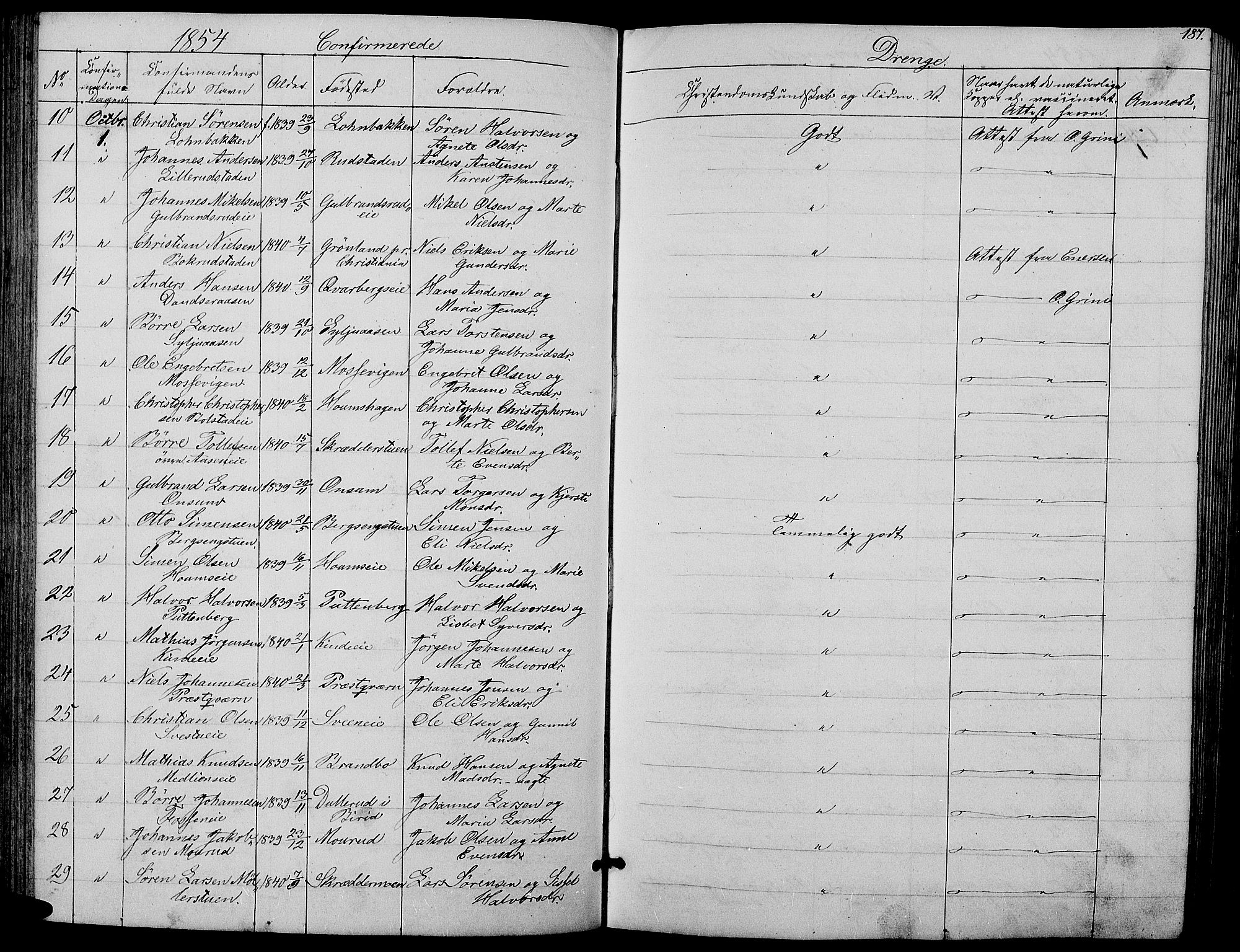 Ringsaker prestekontor, SAH/PREST-014/L/La/L0006: Parish register (copy) no. 6, 1851-1860, p. 187