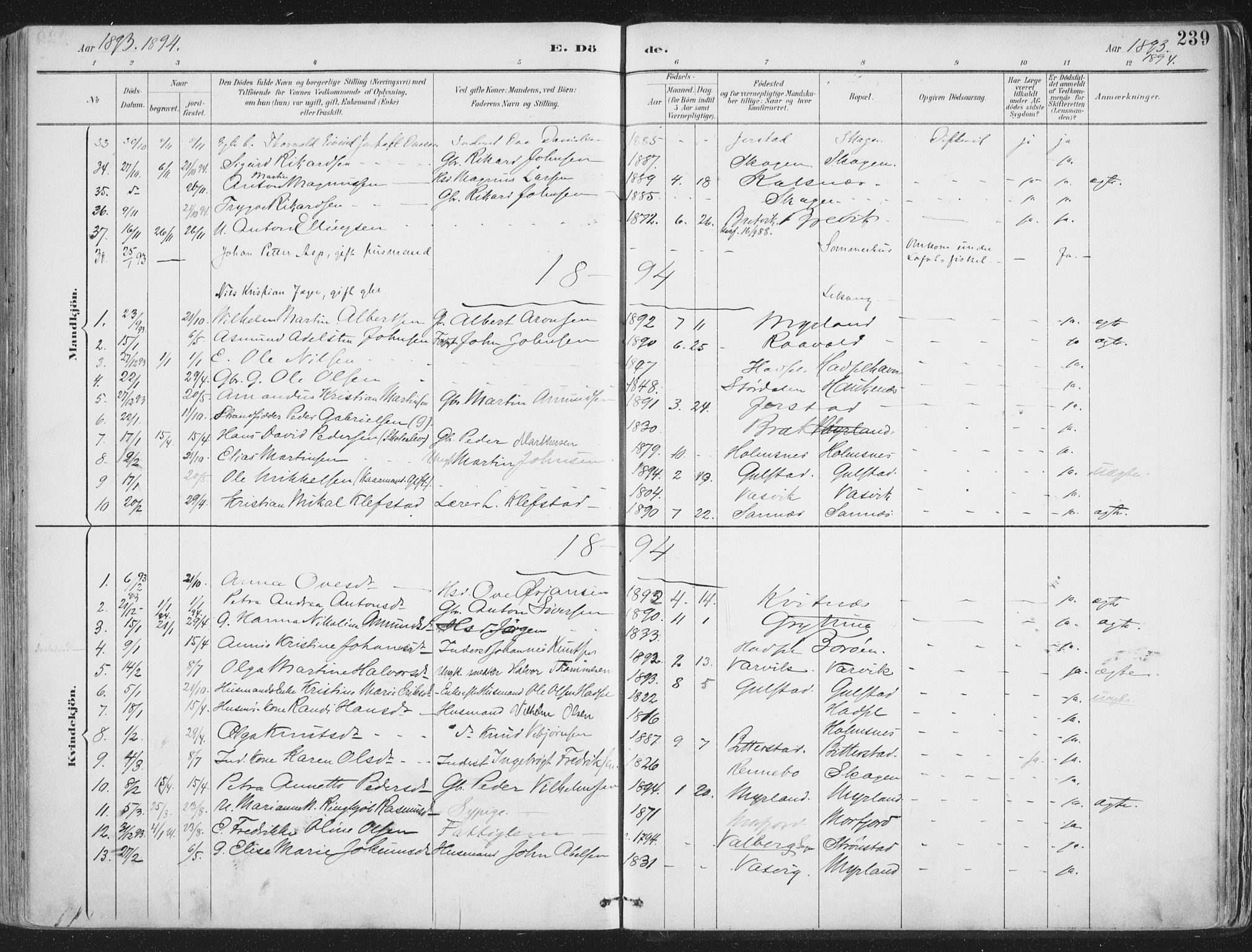 Ministerialprotokoller, klokkerbøker og fødselsregistre - Nordland, SAT/A-1459/888/L1246: Parish register (official) no. 888A12, 1891-1903, p. 239