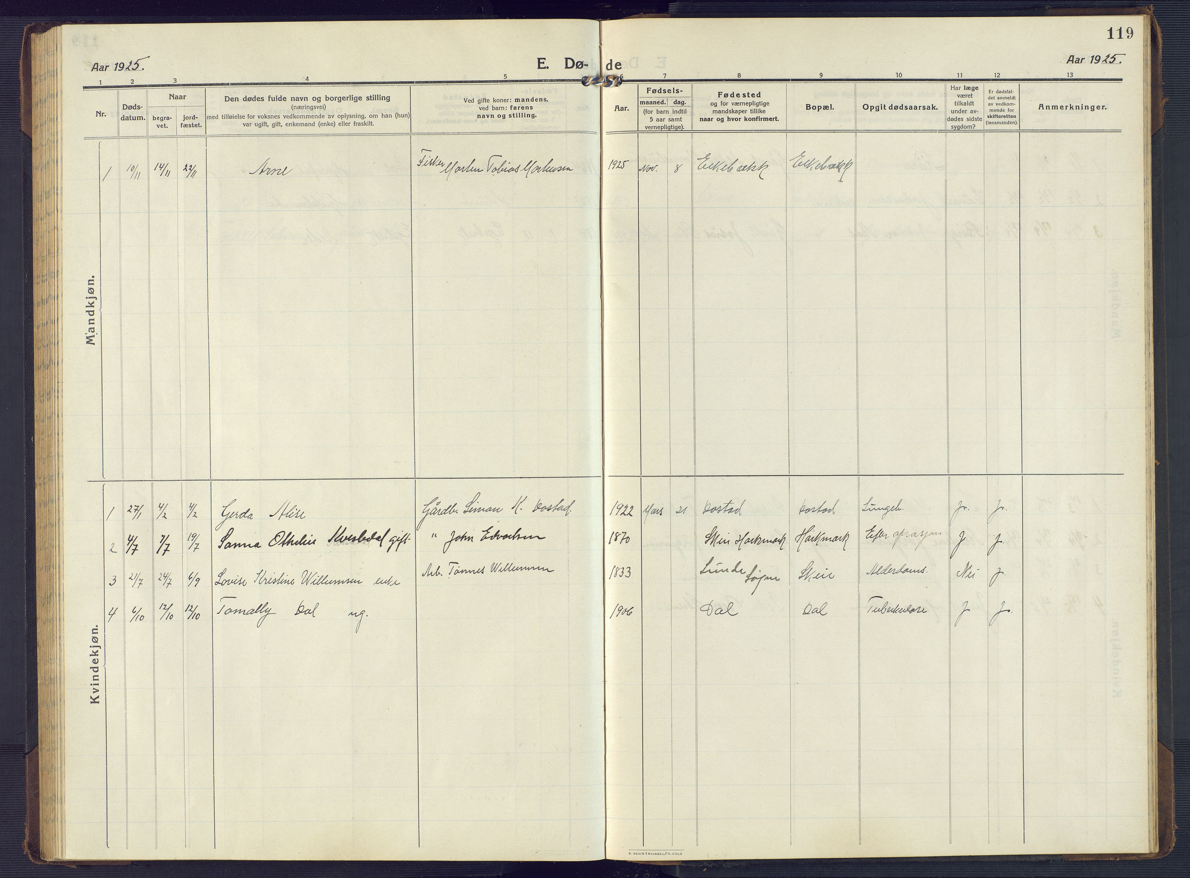 Mandal sokneprestkontor, SAK/1111-0030/F/Fb/Fbb/L0005: Parish register (copy) no. B 5, 1913-1957, p. 119
