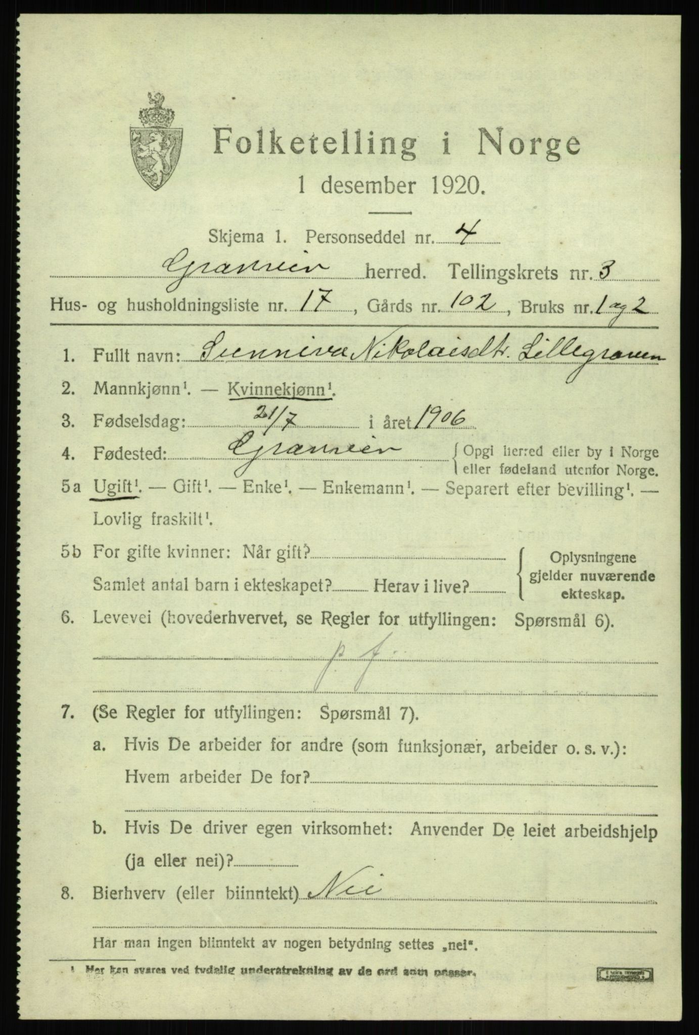 SAB, 1920 census for Granvin, 1920, p. 1320