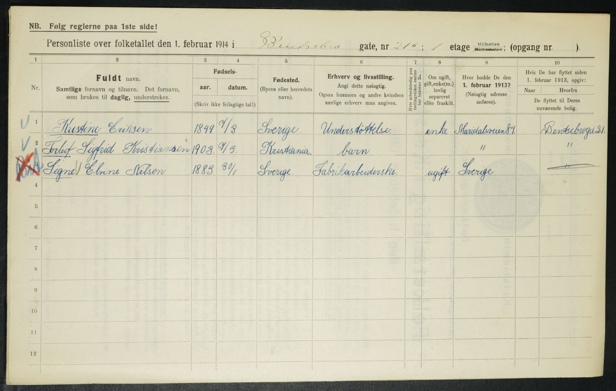 OBA, Municipal Census 1914 for Kristiania, 1914, p. 3495