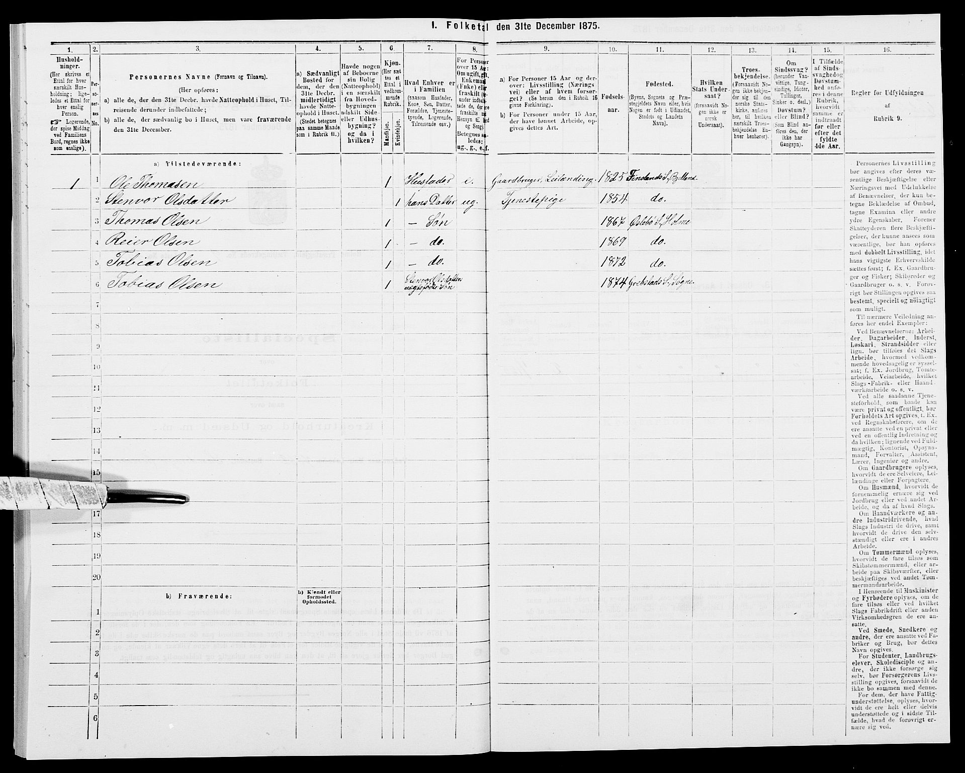 SAK, 1875 census for 1020P Holum, 1875, p. 1049