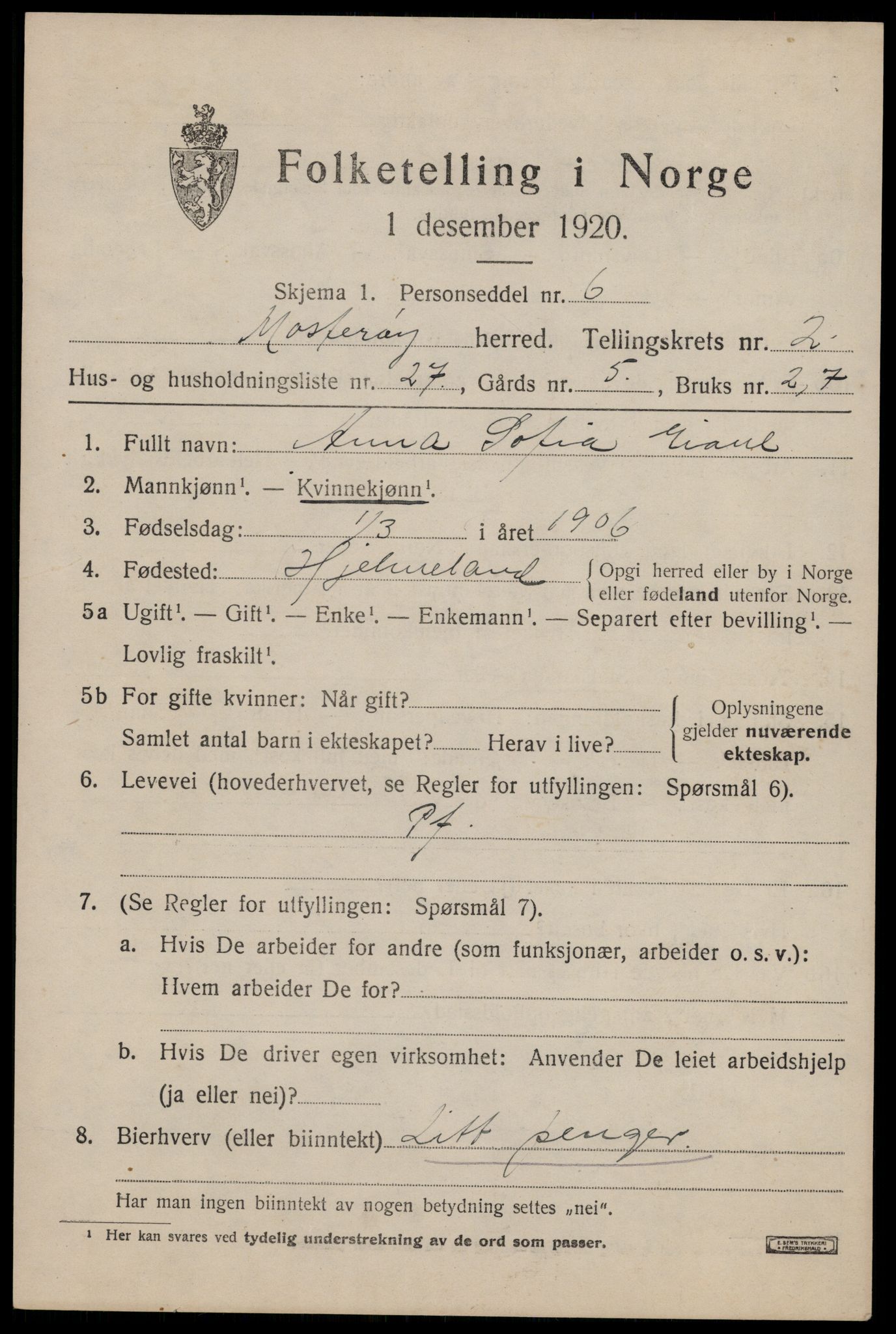 SAST, 1920 census for Mosterøy, 1920, p. 1060