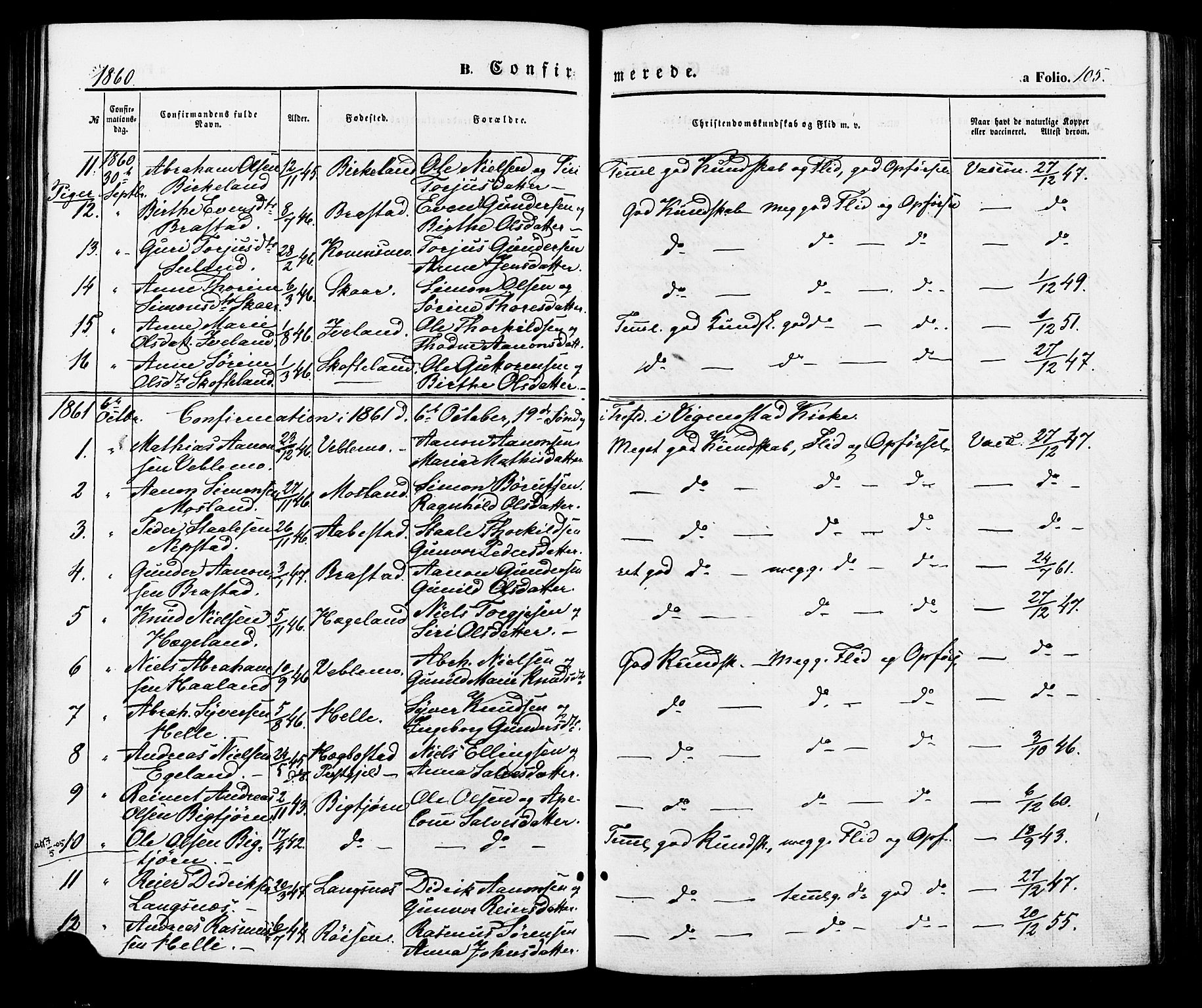 Nord-Audnedal sokneprestkontor, AV/SAK-1111-0032/F/Fa/Faa/L0002: Parish register (official) no. A 2, 1857-1882, p. 105