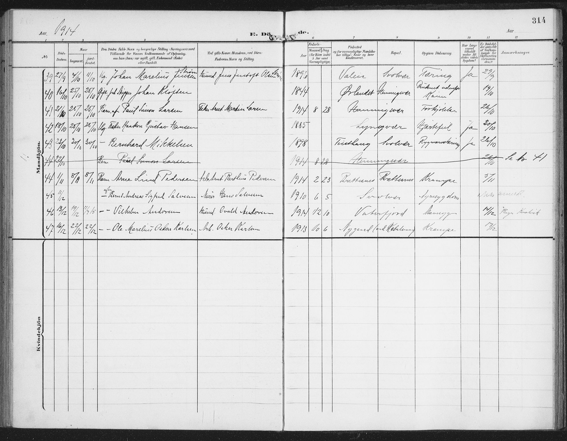 Ministerialprotokoller, klokkerbøker og fødselsregistre - Nordland, AV/SAT-A-1459/874/L1063: Parish register (official) no. 874A07, 1907-1915, p. 314