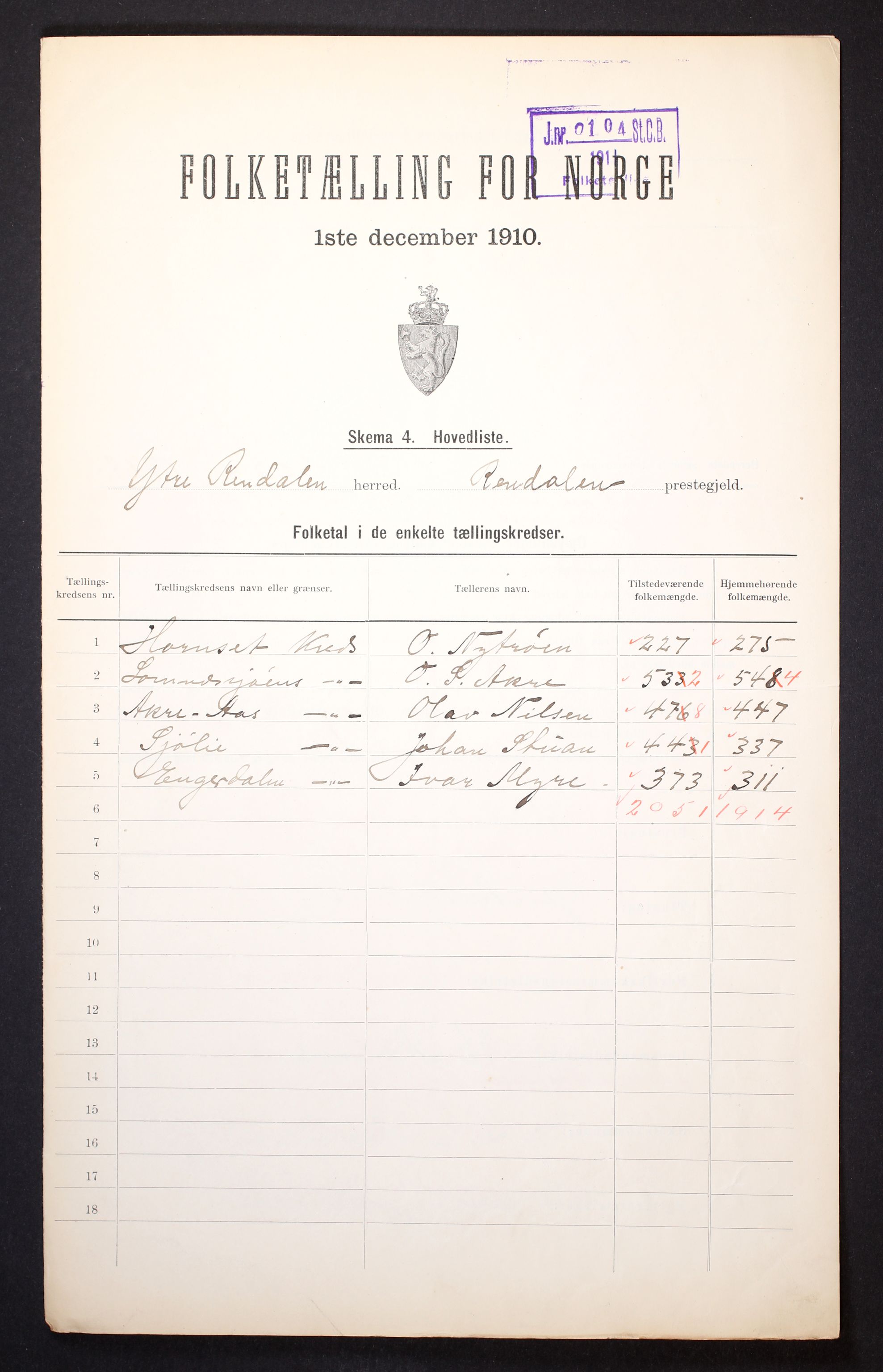 RA, 1910 census for Ytre Rendal, 1910, p. 2