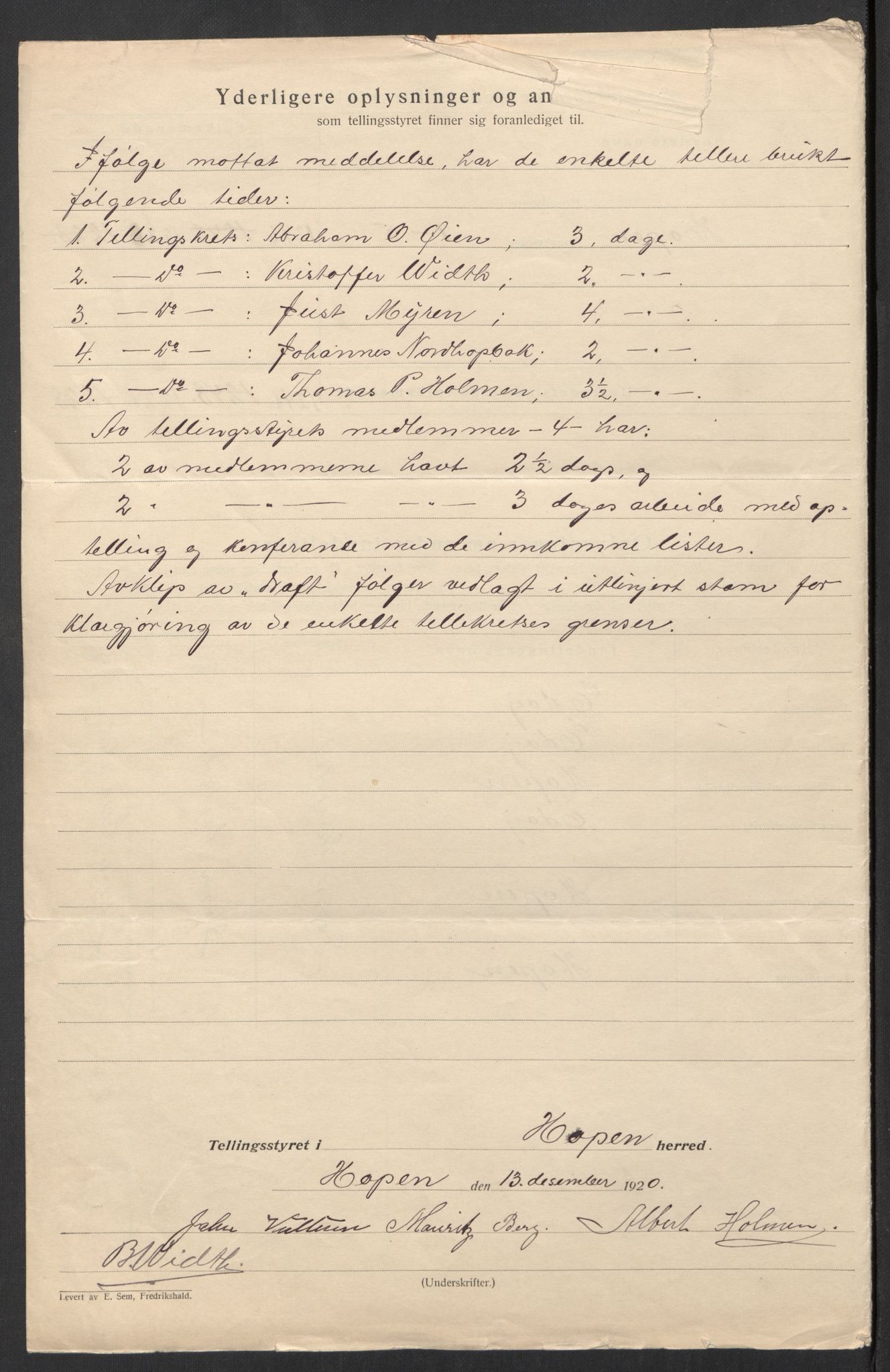 SAT, 1920 census for Hopen, 1920, p. 6