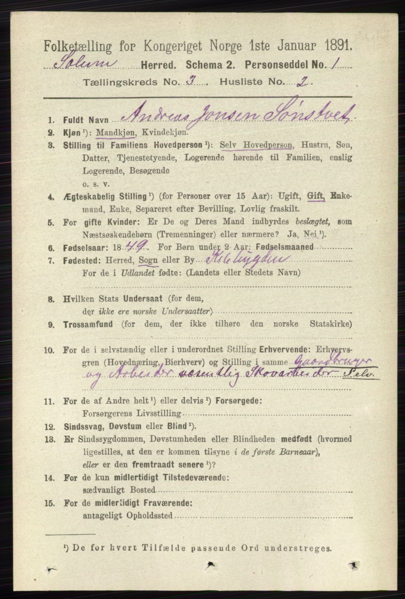 RA, 1891 census for 0818 Solum, 1891, p. 352