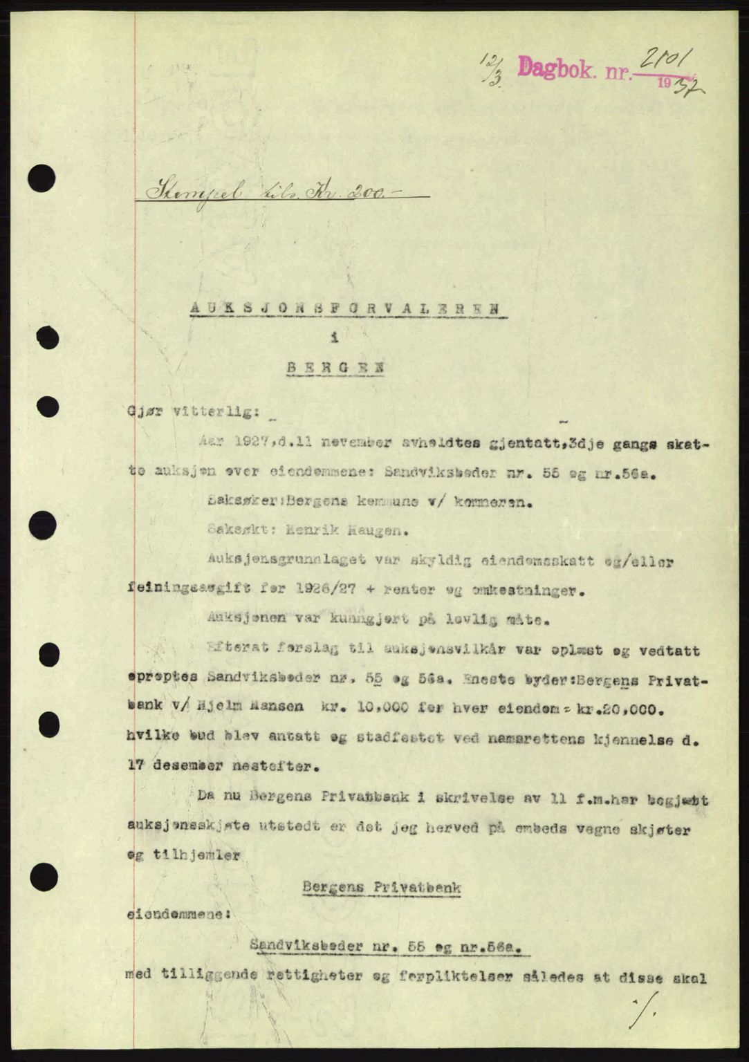 Byfogd og Byskriver i Bergen, SAB/A-3401/03/03Bc/L0004: Mortgage book no. A3-4, 1936-1937, Diary no: : 2101/1937