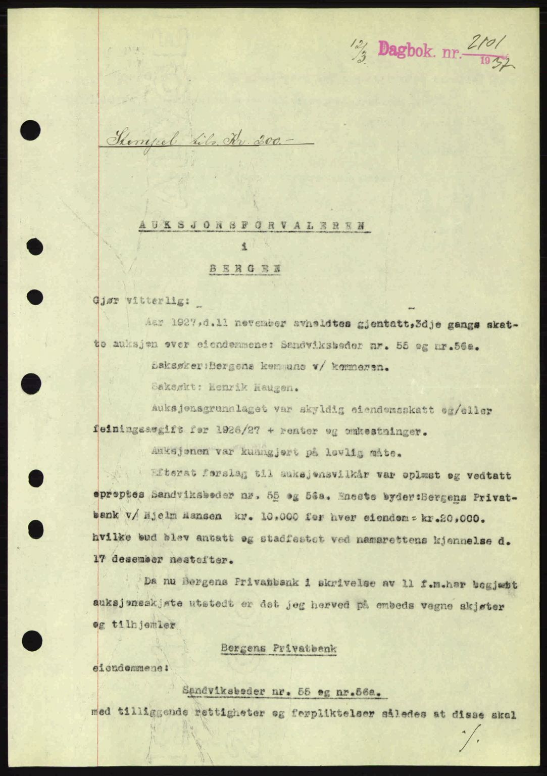 Byfogd og Byskriver i Bergen, AV/SAB-A-3401/03/03Bc/L0004: Mortgage book no. A3-4, 1936-1937, Diary no: : 2101/1937