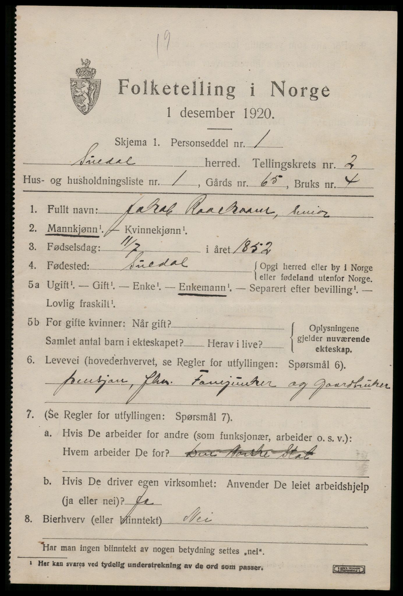 SAST, 1920 census for Suldal, 1920, p. 814