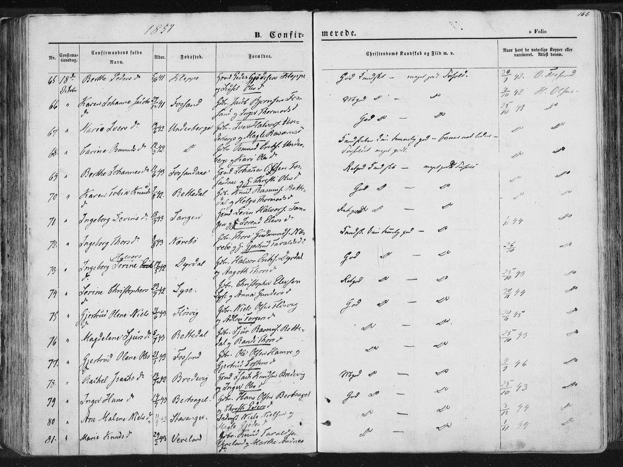 Høgsfjord sokneprestkontor, AV/SAST-A-101624/H/Ha/Haa/L0001: Parish register (official) no. A 1, 1854-1875, p. 166