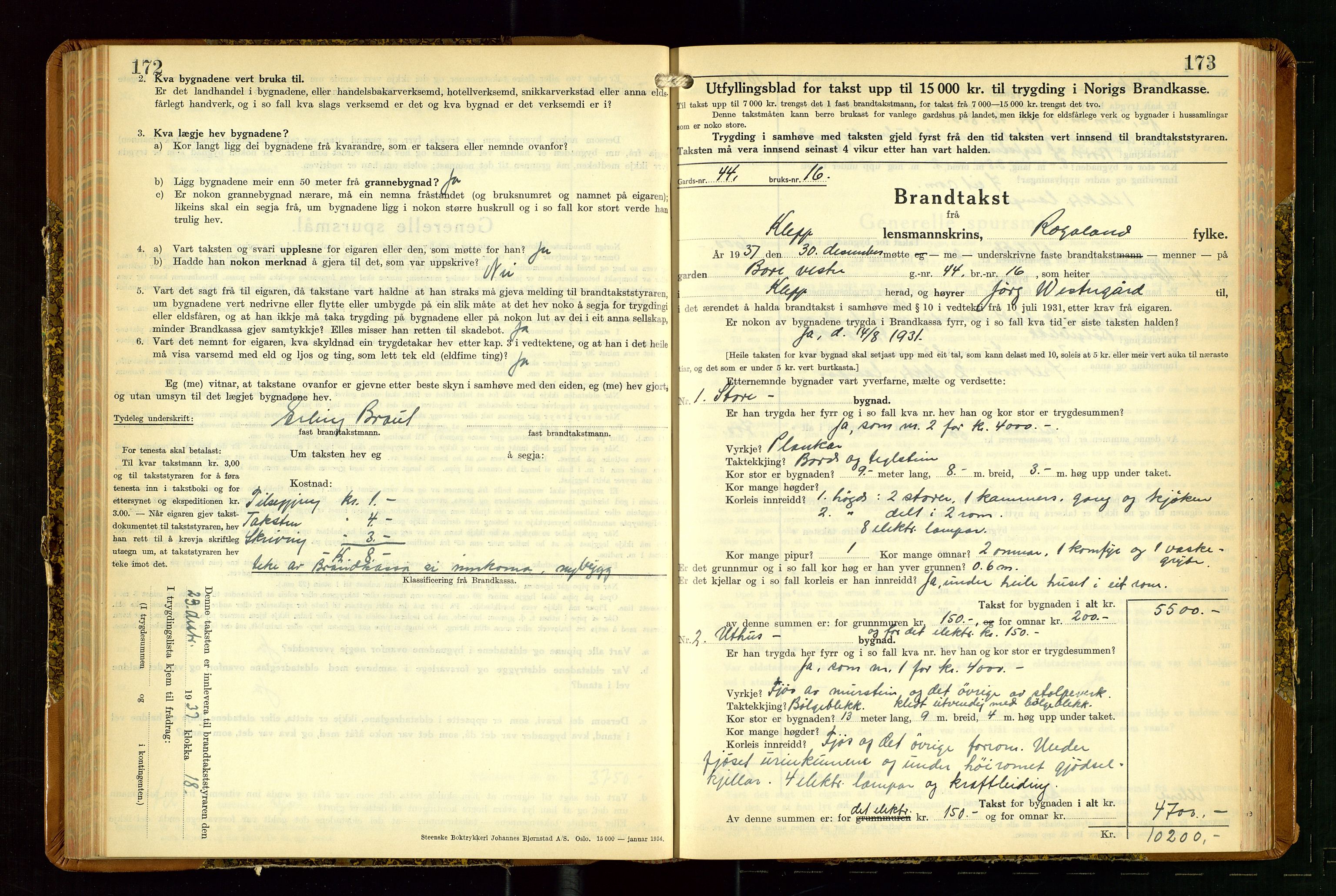 Klepp lensmannskontor, AV/SAST-A-100163/Goc/L0014: "Brandtakstbok" m/register, 1937-1939, p. 172-173