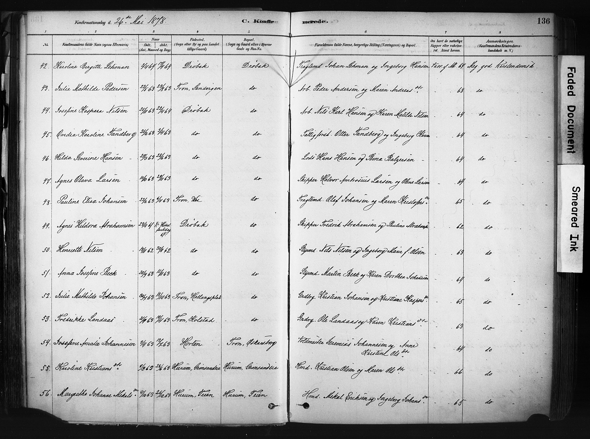 Drøbak prestekontor Kirkebøker, AV/SAO-A-10142a/F/Fb/L0001: Parish register (official) no. II 1, 1878-1891, p. 136