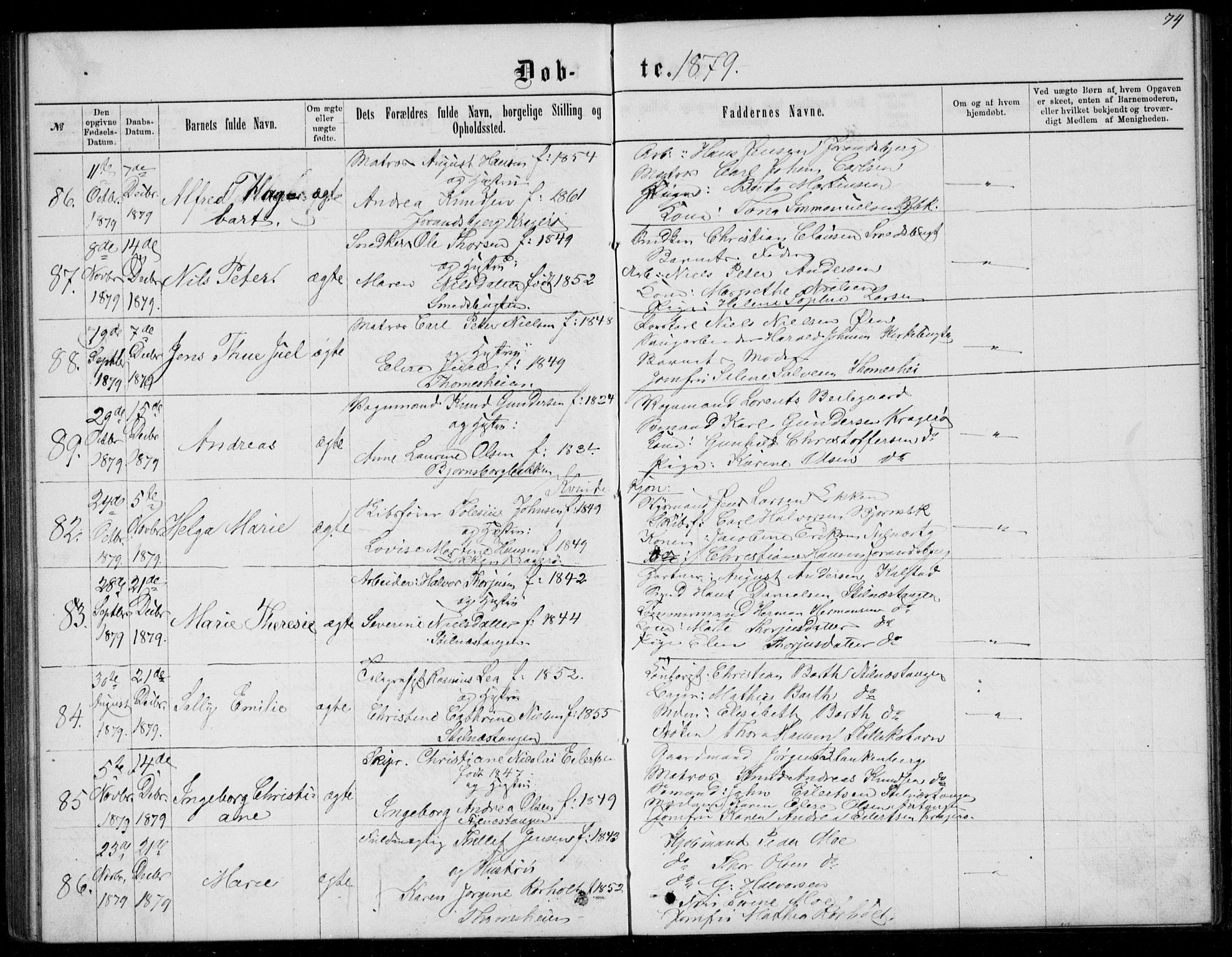 Kragerø kirkebøker, AV/SAKO-A-278/G/Ga/L0006: Parish register (copy) no. 6, 1876-1881, p. 74