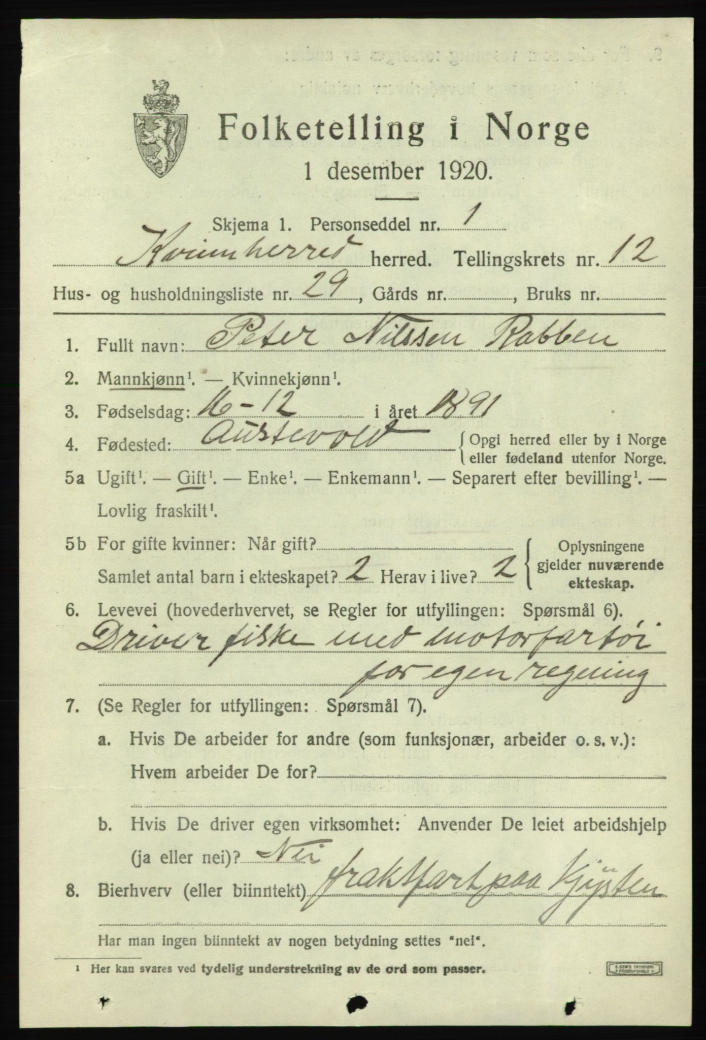 SAB, 1920 census for Kvinnherad, 1920, p. 7620