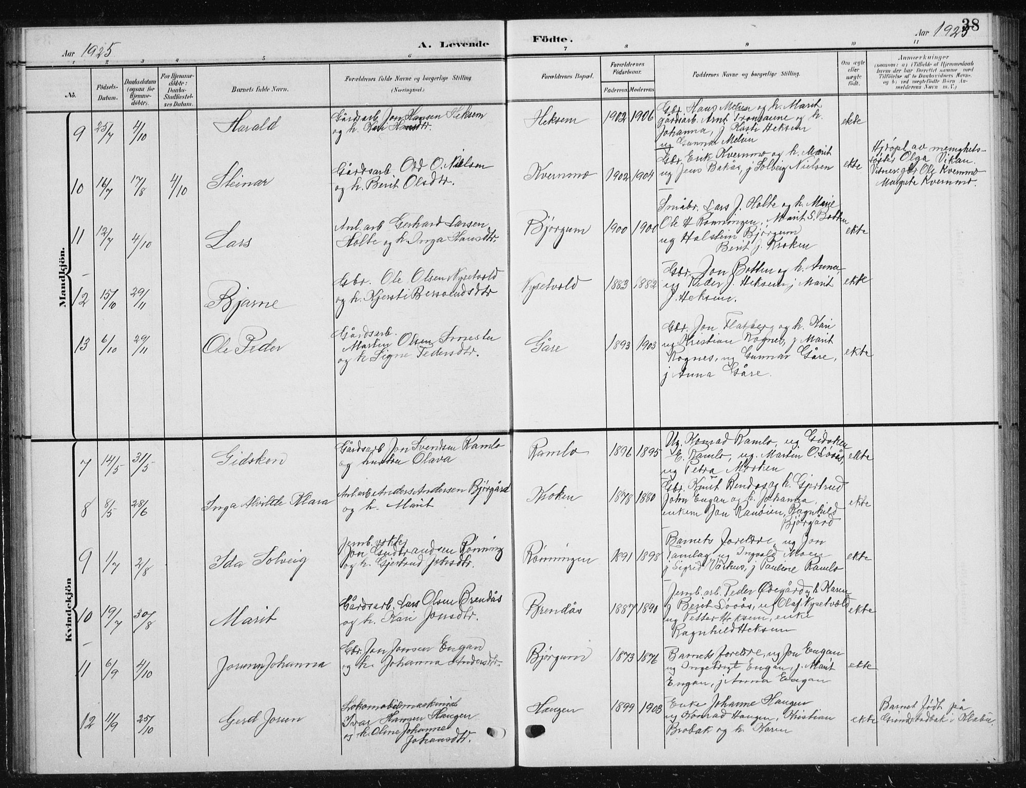 Ministerialprotokoller, klokkerbøker og fødselsregistre - Sør-Trøndelag, SAT/A-1456/685/L0979: Parish register (copy) no. 685C04, 1908-1933, p. 38