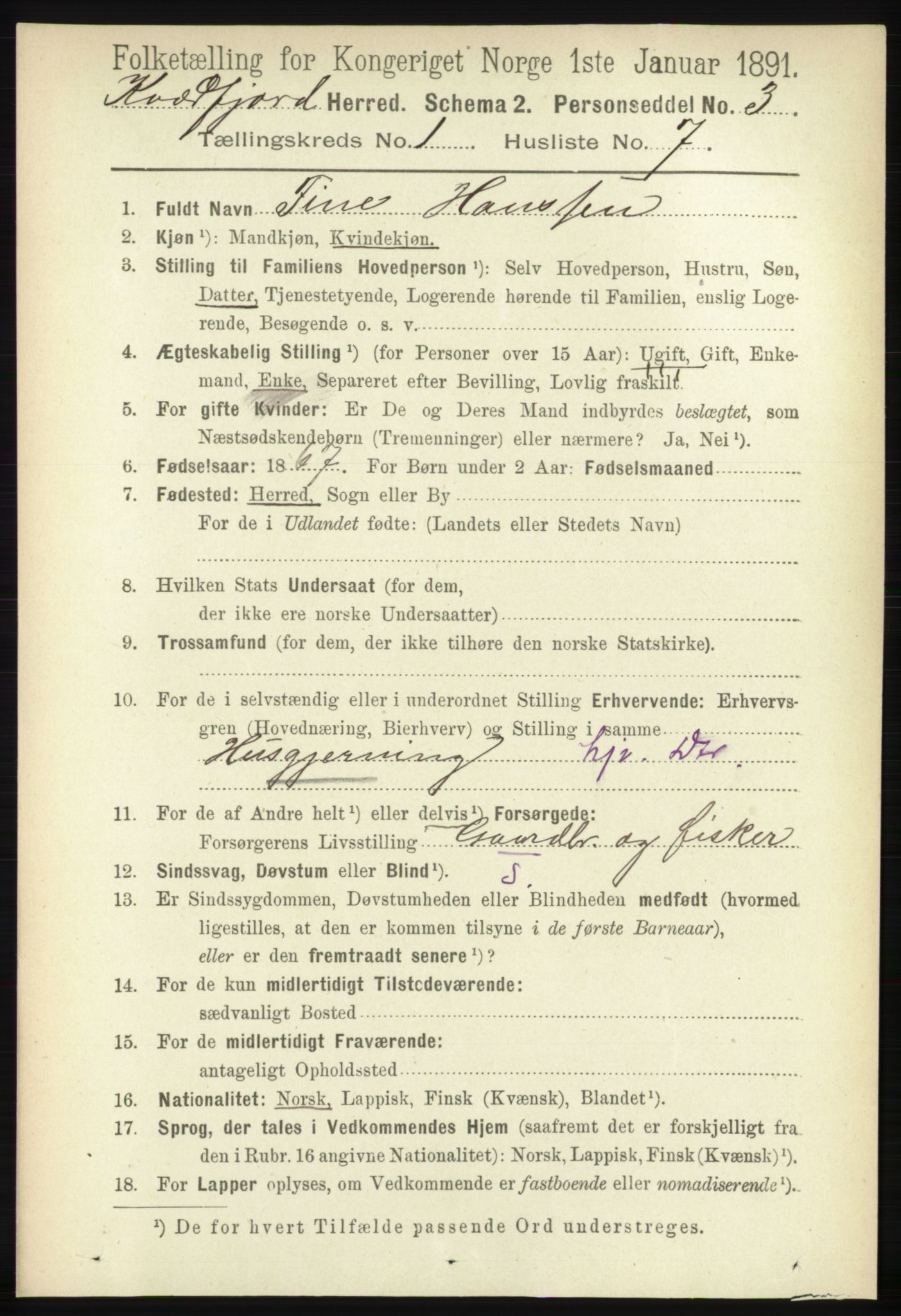 RA, 1891 census for 1911 Kvæfjord, 1891, p. 144