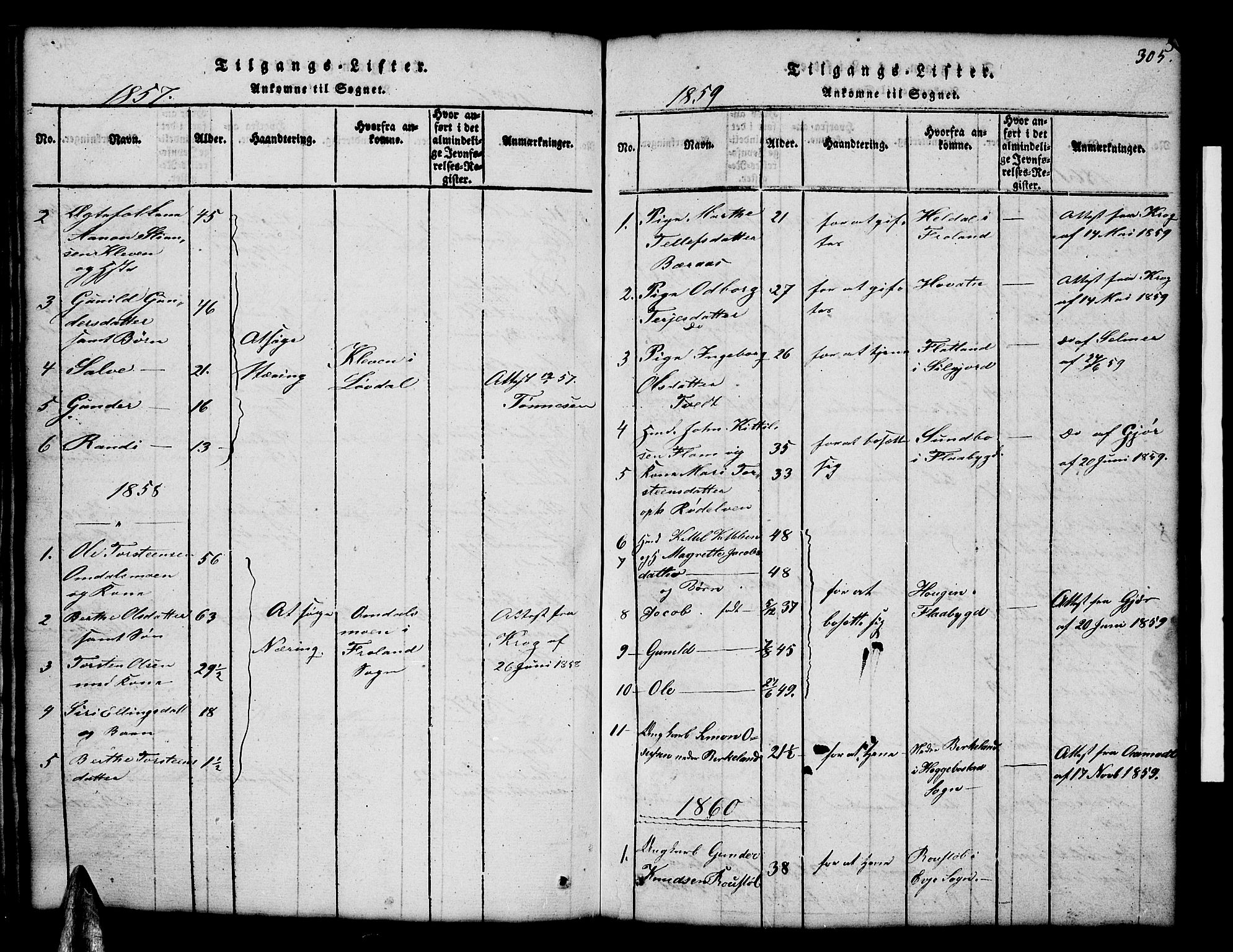 Åmli sokneprestkontor, AV/SAK-1111-0050/F/Fb/Fbc/L0001: Parish register (copy) no. B 1, 1816-1867, p. 305