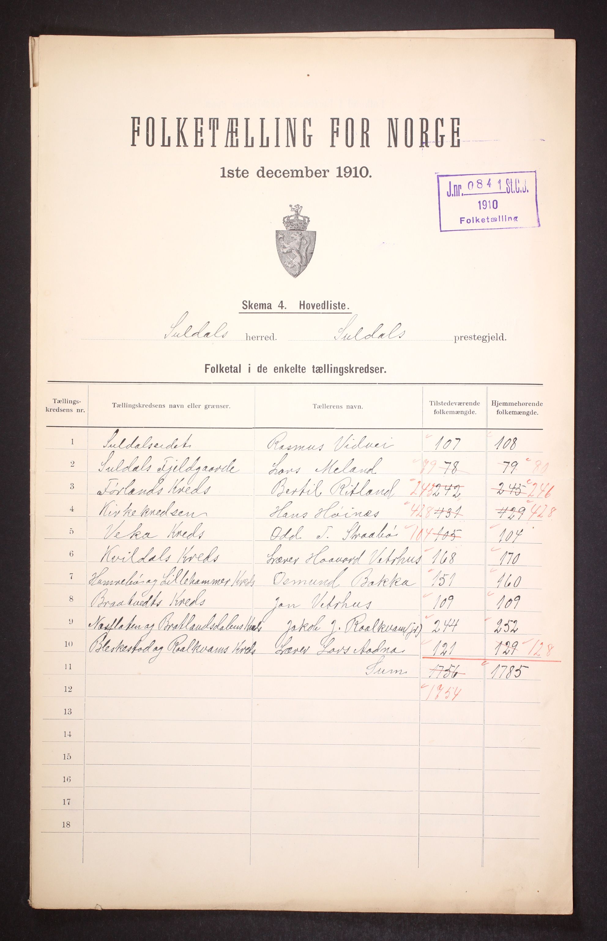 RA, 1910 census for Suldal, 1910, p. 2