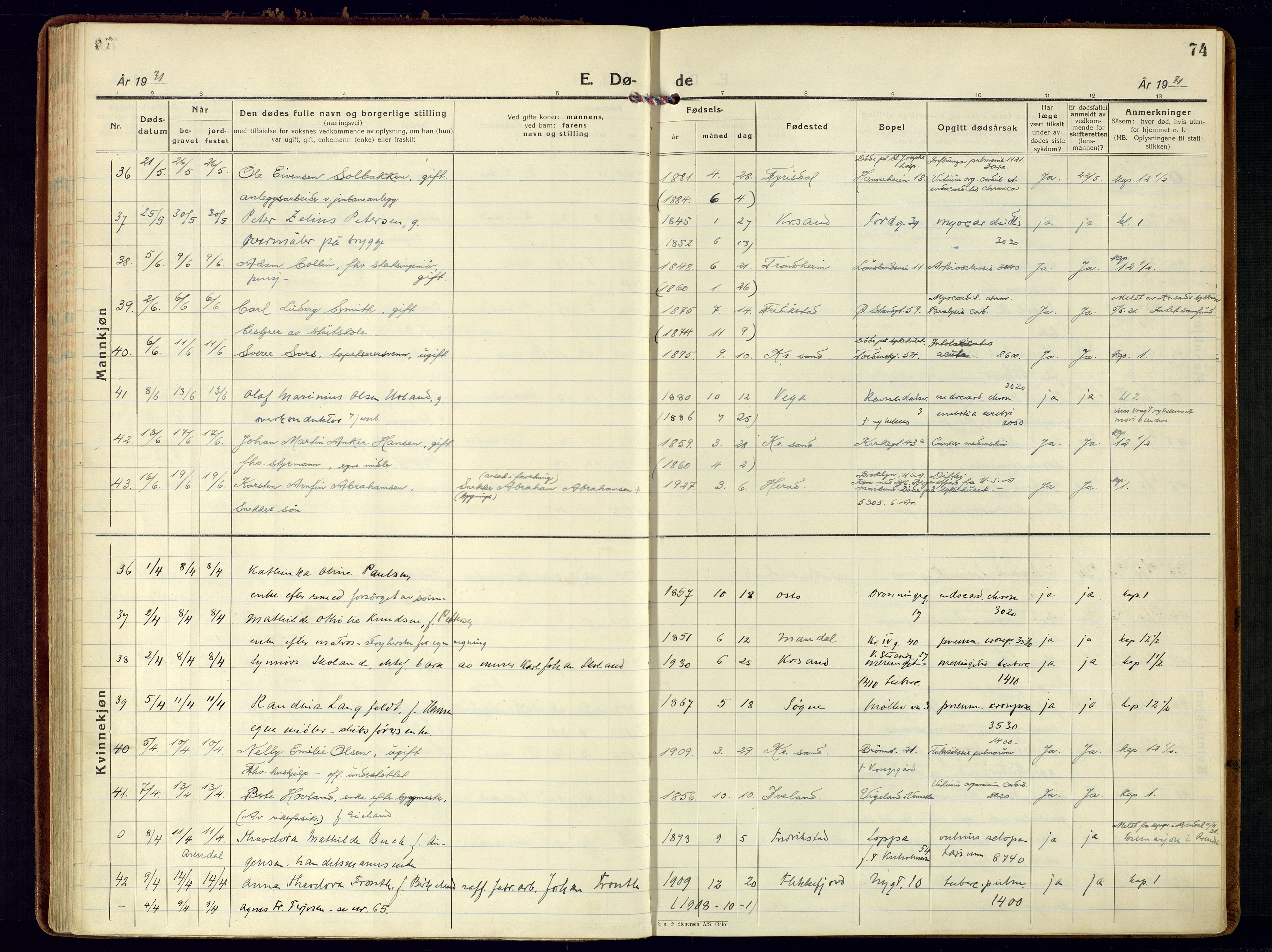 Kristiansand domprosti, AV/SAK-1112-0006/F/Fa/L0030: Parish register (official) no. A 29, 1926-1937, p. 74