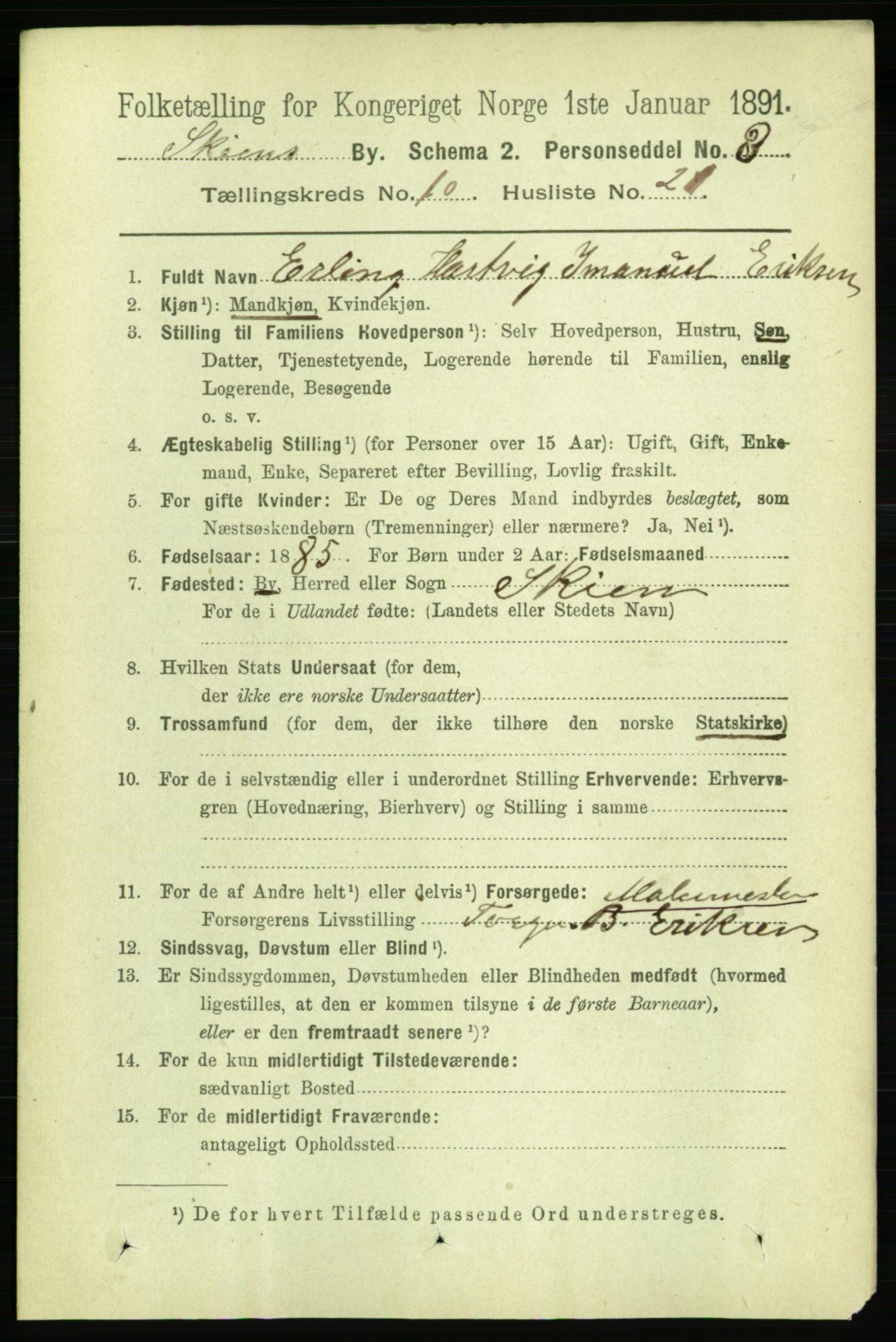 RA, 1891 census for 0806 Skien, 1891, p. 3801