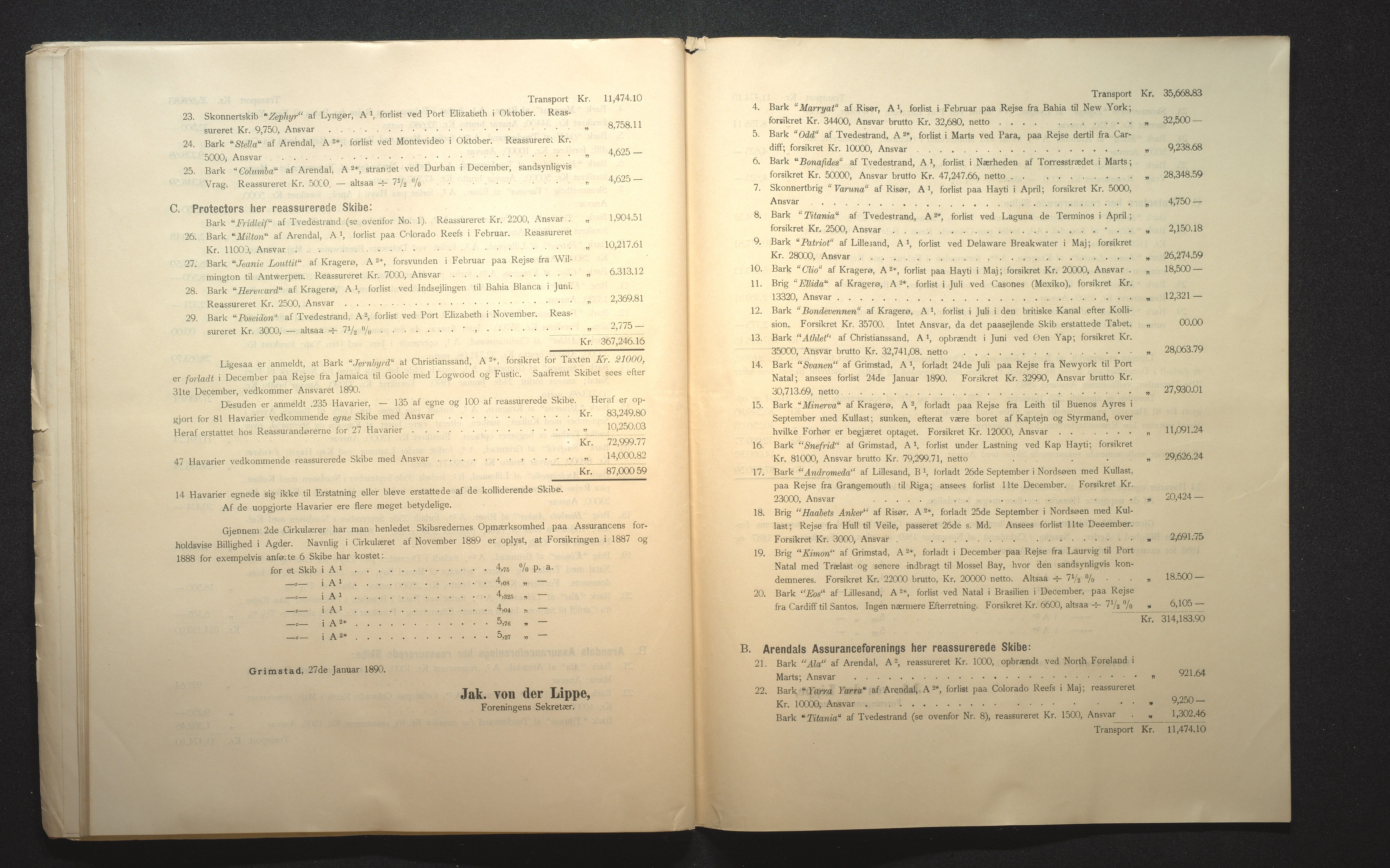 Agders Gjensidige Assuranceforening, AAKS/PA-1718/05/L0002: Regnskap, seilavdeling, pakkesak, 1881-1889