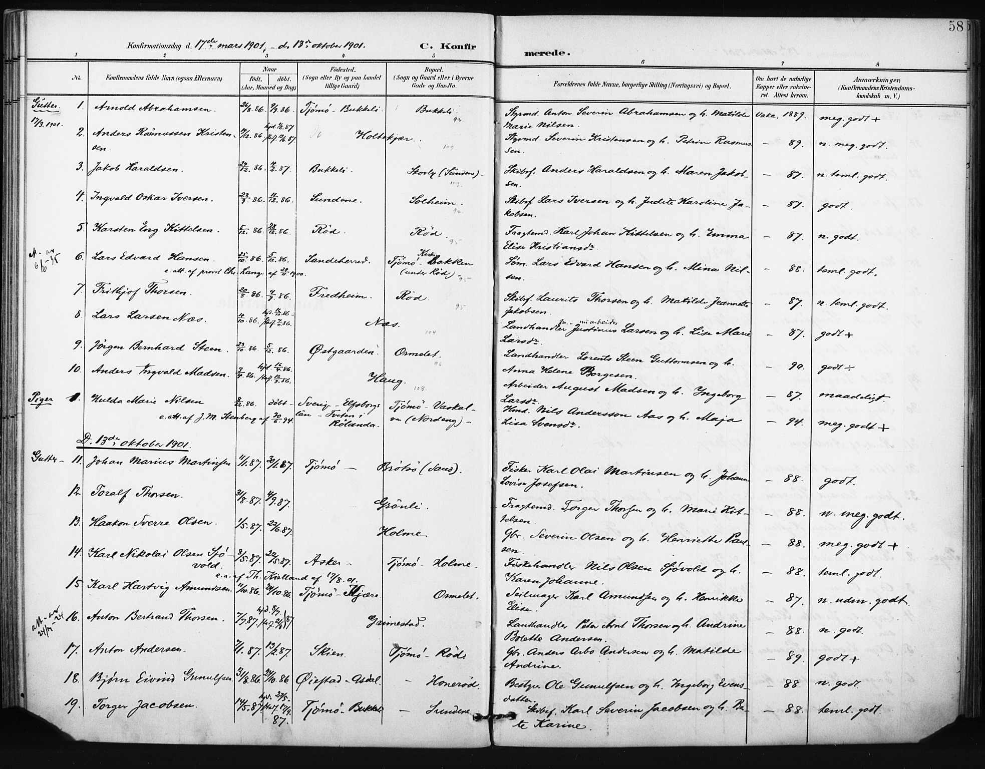 Tjøme kirkebøker, AV/SAKO-A-328/F/Fa/L0005: Parish register (official) no. I 5, 1901-1909, p. 58