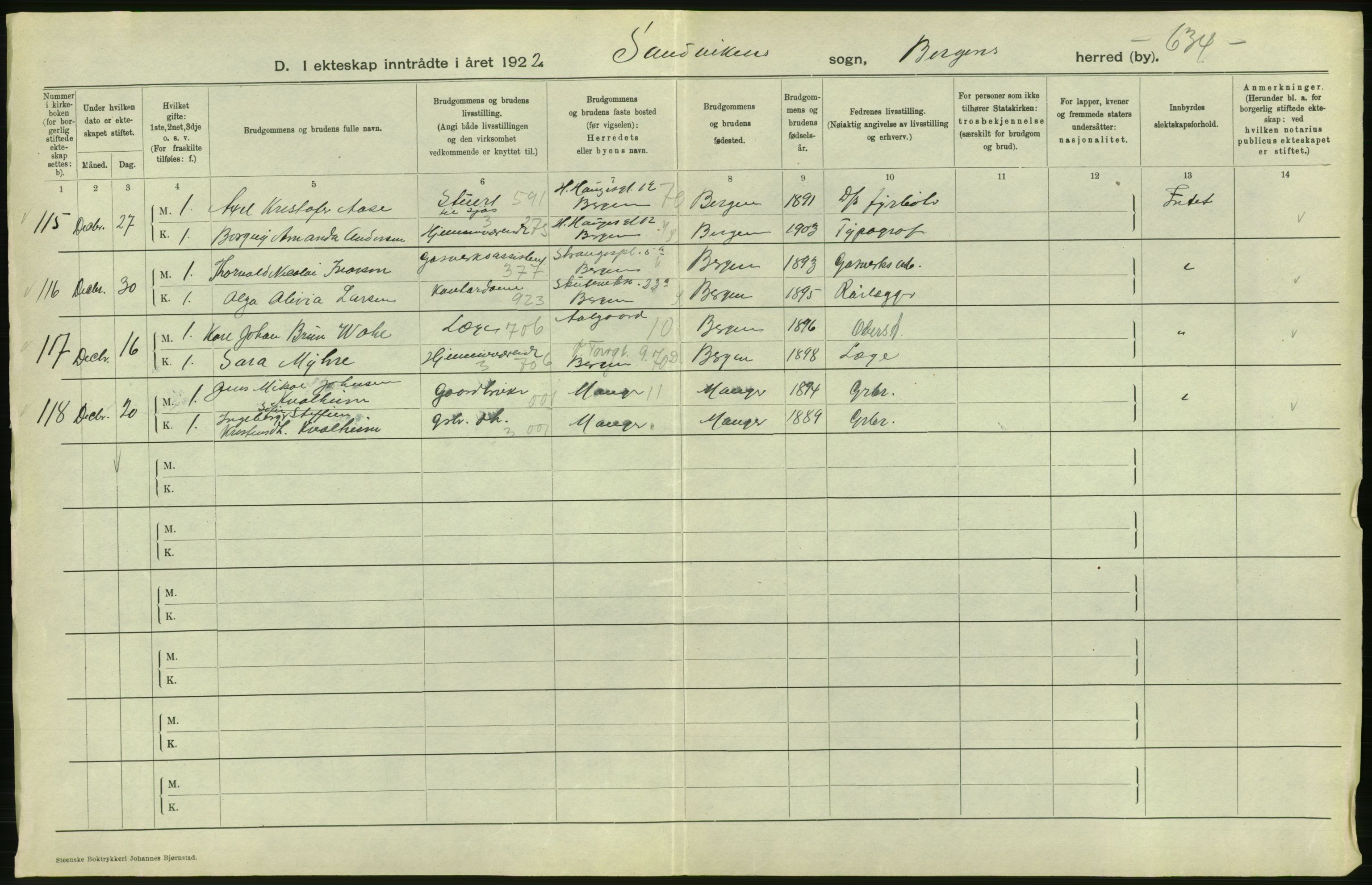 Statistisk sentralbyrå, Sosiodemografiske emner, Befolkning, AV/RA-S-2228/D/Df/Dfc/Dfcb/L0030: Bergen: Gifte, døde, dødfødte., 1922, p. 112