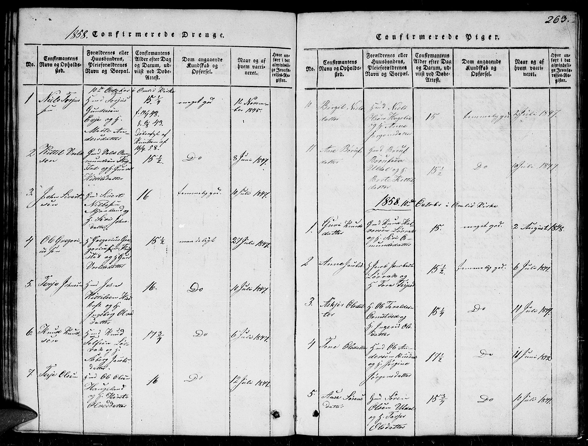 Herefoss sokneprestkontor, SAK/1111-0019/F/Fb/Fbc/L0001: Parish register (copy) no. B 1, 1816-1866, p. 263