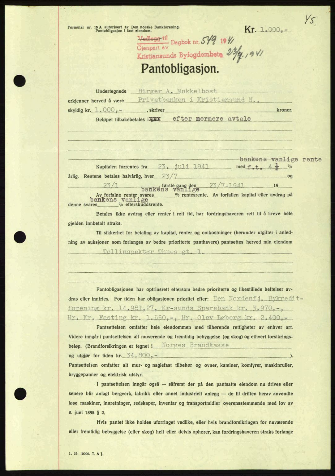 Kristiansund byfogd, AV/SAT-A-4587/A/27: Mortgage book no. 35, 1941-1942, Diary no: : 549/1941