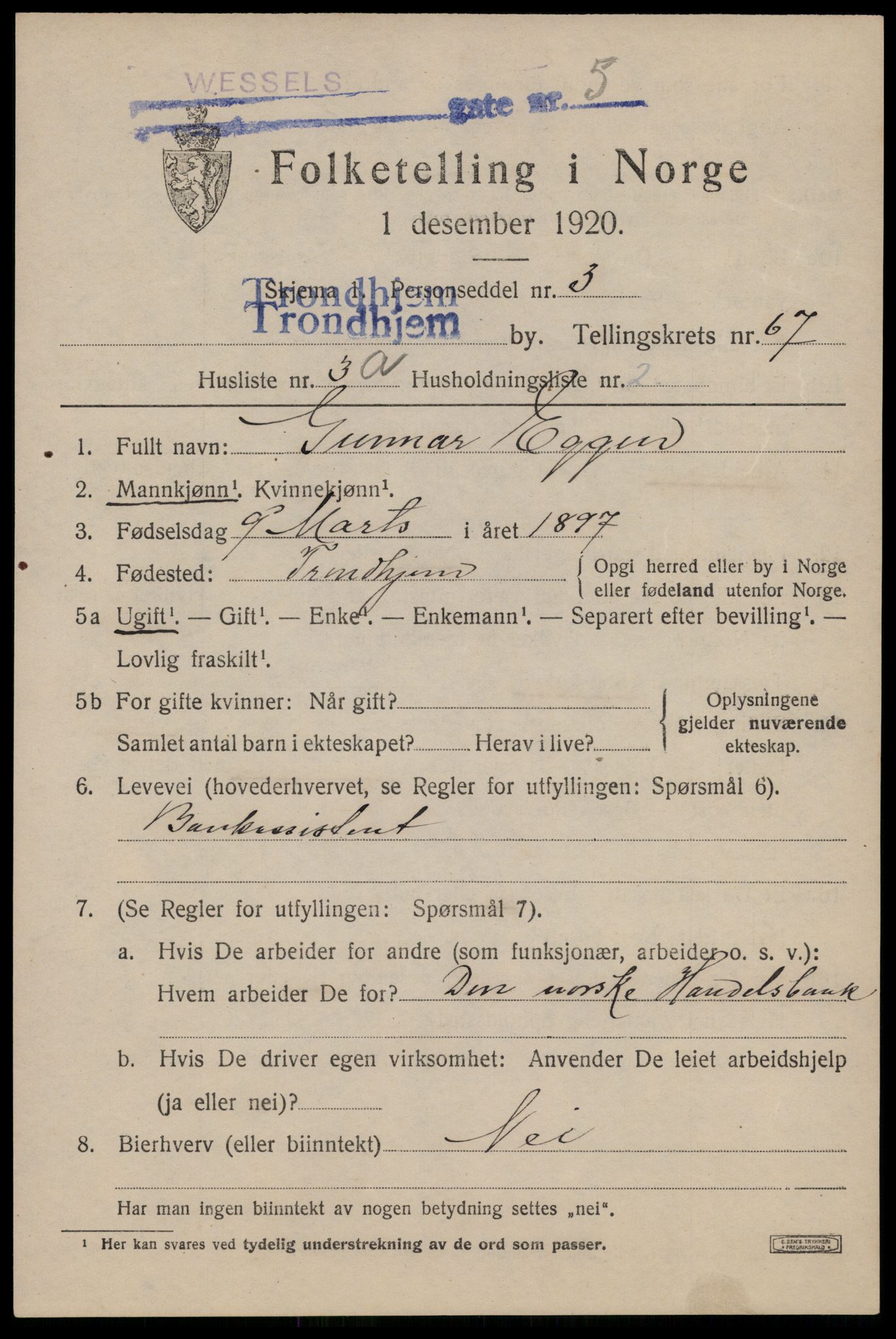 SAT, 1920 census for Trondheim, 1920, p. 129260