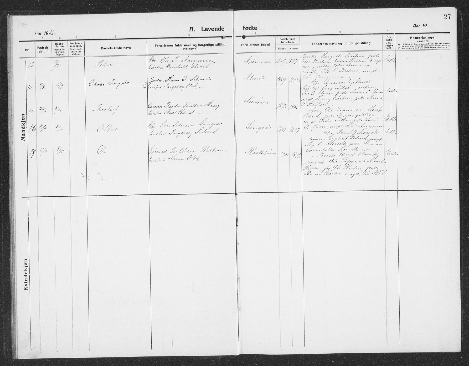 Ministerialprotokoller, klokkerbøker og fødselsregistre - Sør-Trøndelag, SAT/A-1456/688/L1030: Parish register (copy) no. 688C05, 1916-1939, p. 27