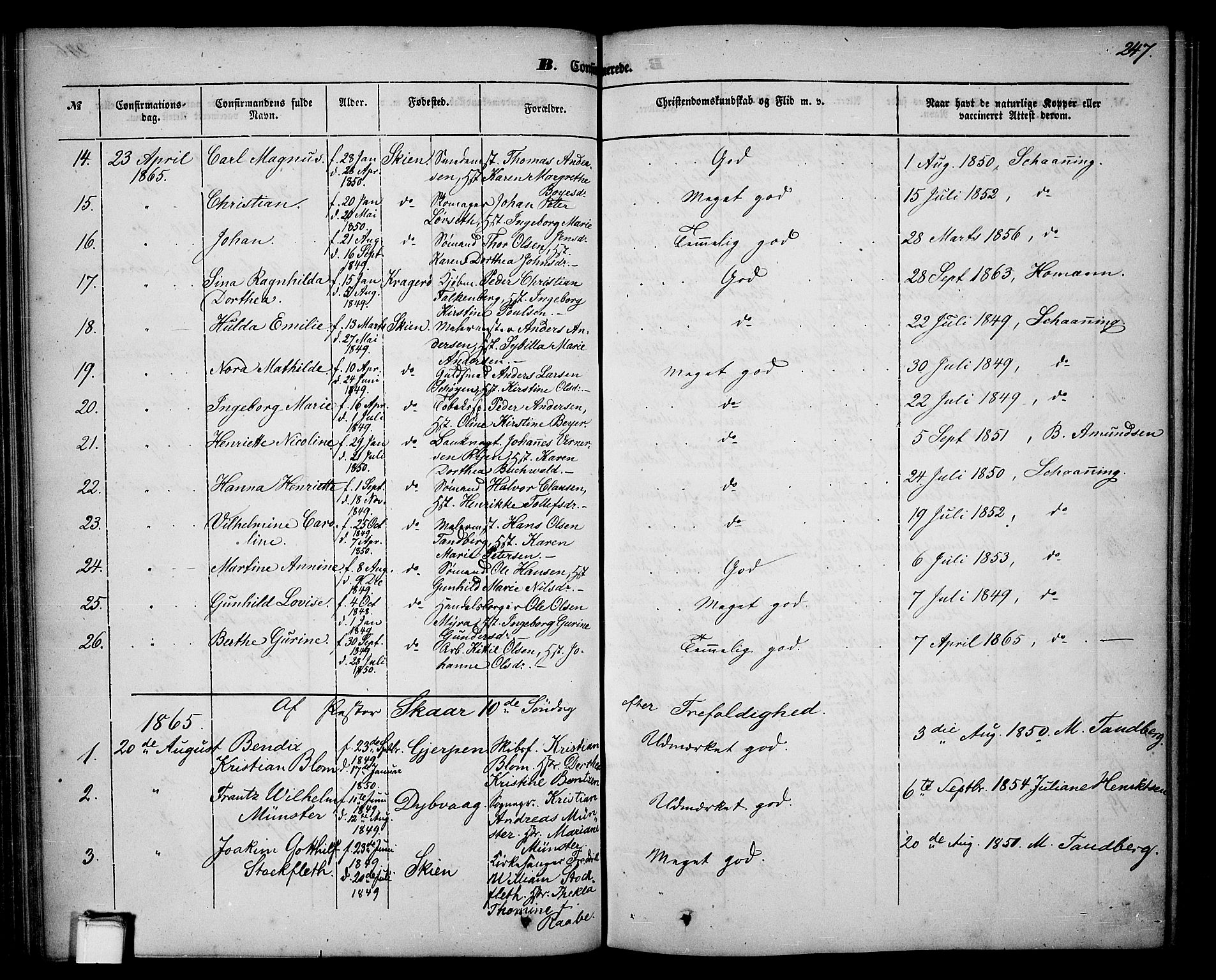 Skien kirkebøker, AV/SAKO-A-302/G/Ga/L0004: Parish register (copy) no. 4, 1843-1867, p. 247