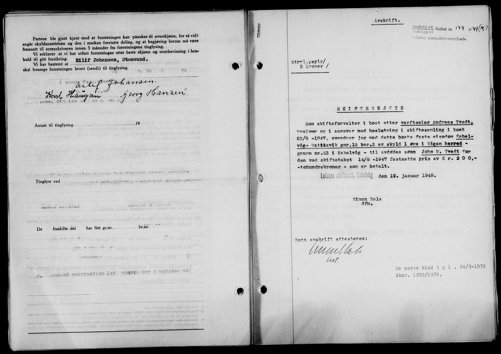 Lofoten sorenskriveri, SAT/A-0017/1/2/2C/L0020a: Mortgage book no. 20a, 1948-1949, Diary no: : 179/1949