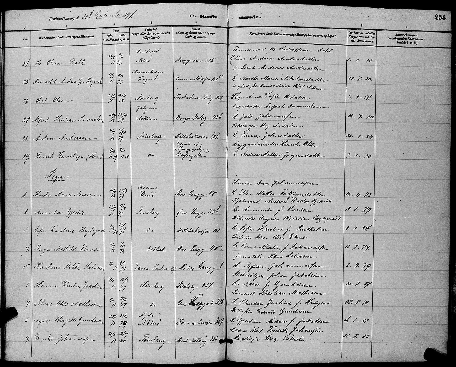 Tønsberg kirkebøker, AV/SAKO-A-330/G/Ga/L0006: Parish register (copy) no. 6, 1885-1895, p. 254