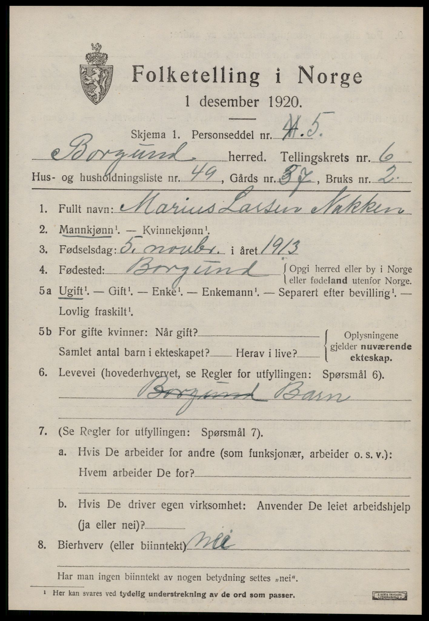 SAT, 1920 census for Borgund, 1920, p. 5780