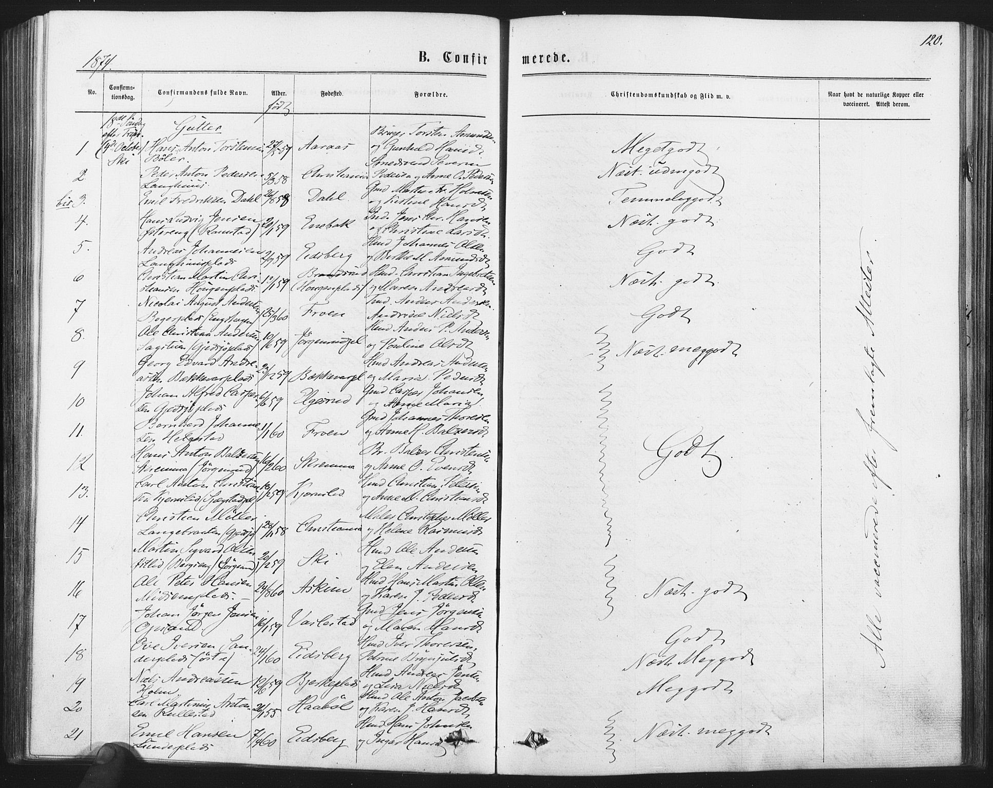 Kråkstad prestekontor Kirkebøker, AV/SAO-A-10125a/F/Fa/L0008: Parish register (official) no. I 8, 1870-1879, p. 120